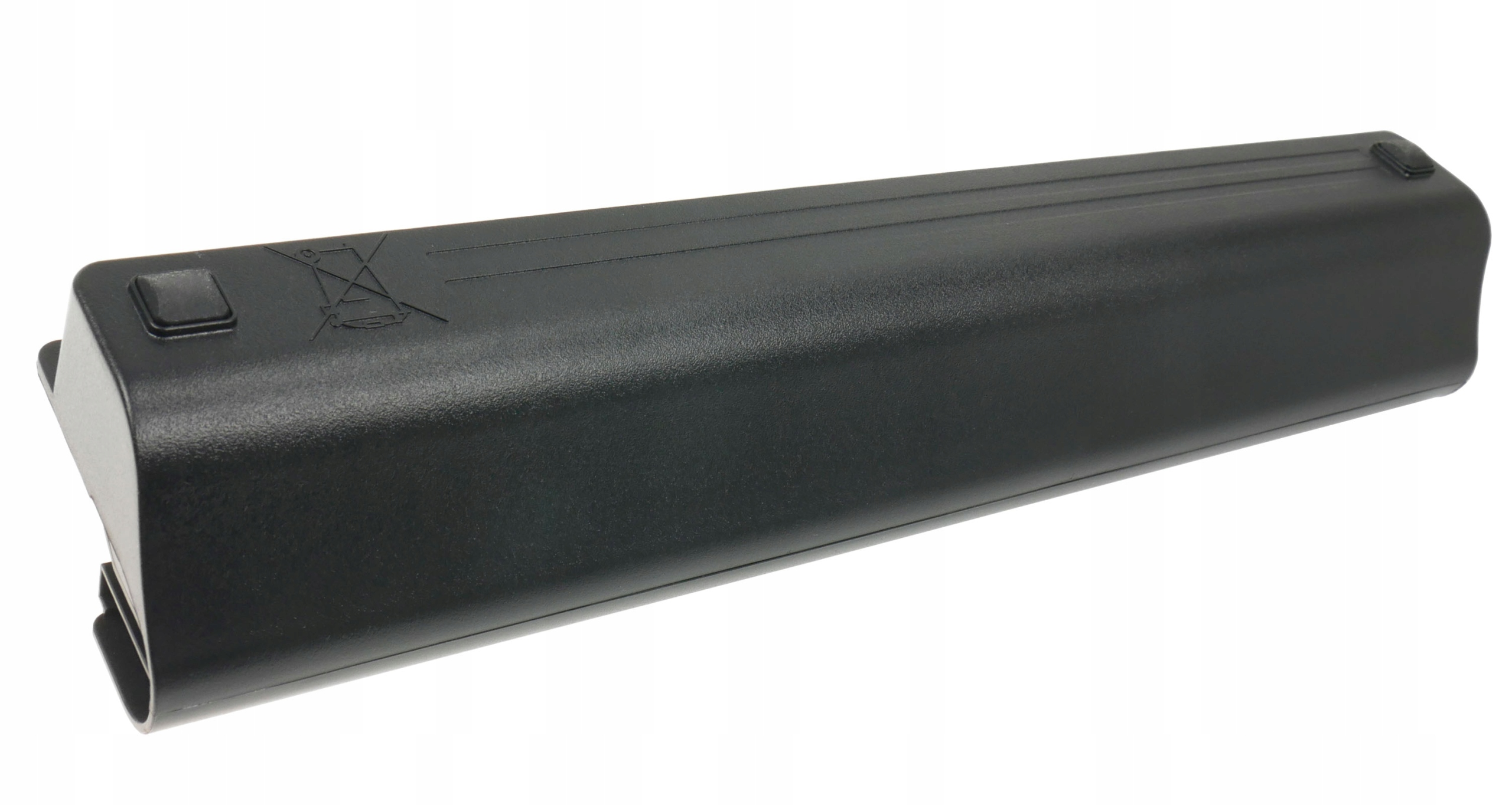 Czarny, prostokątny akumulator z zaokrąglonymi rogami i symbolami.