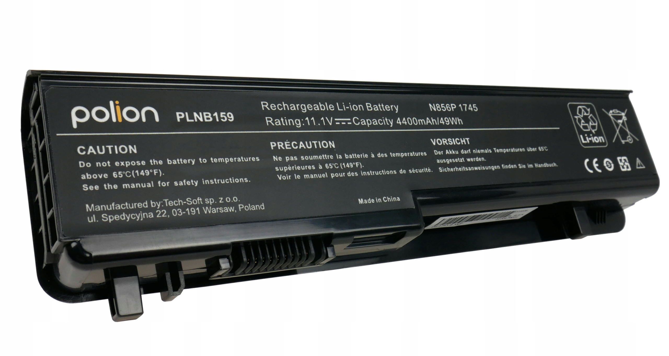 Czarna bateria Li-ion z napisem: Polion, PLNB159, N856P 1745, 11.1V, 4400mAh/49Wh.