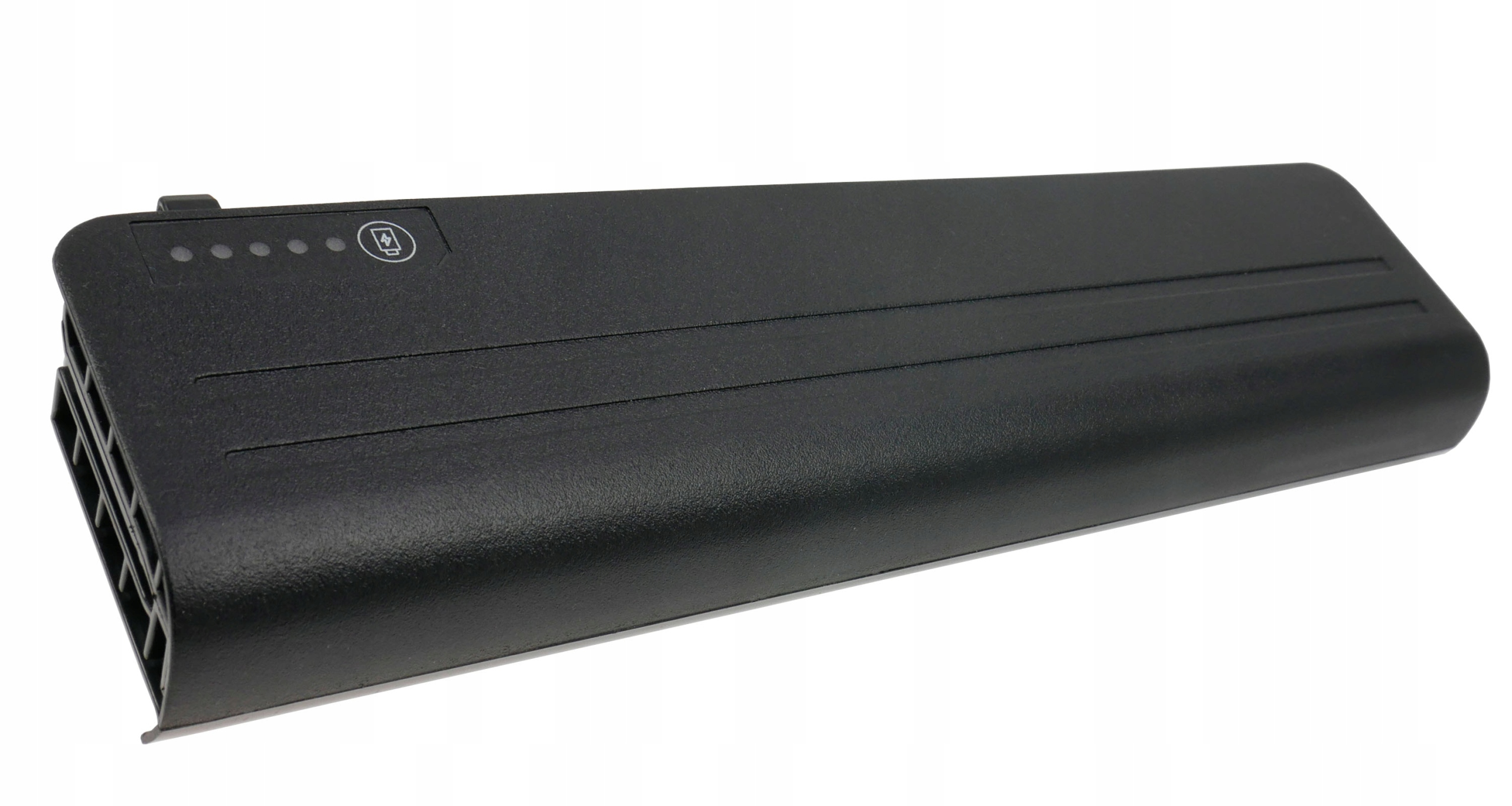 Czarny akumulator ze wskaźnikami naładowania i otworami.