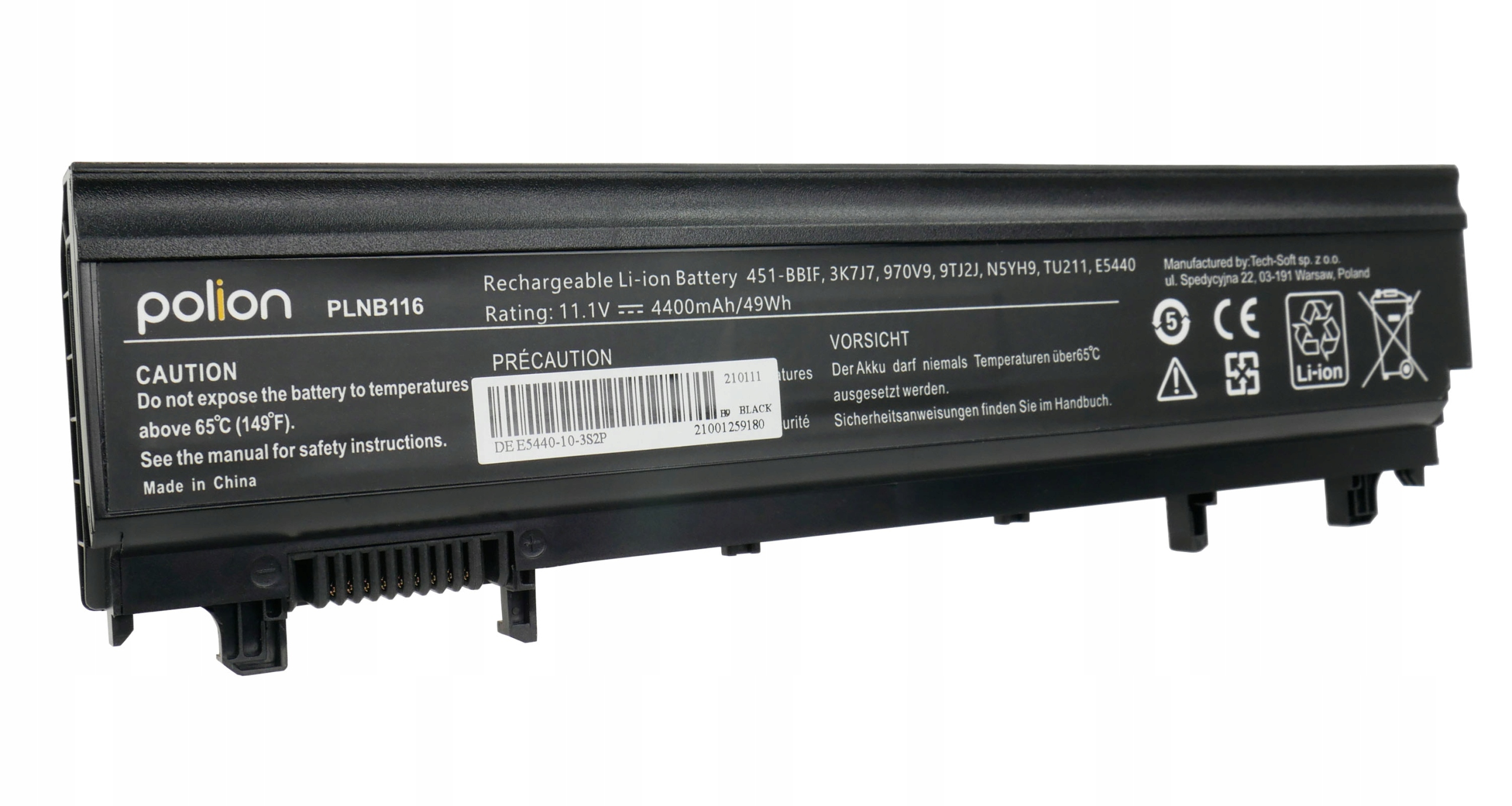 Czarna bateria do laptopa z etykietami: Polion, PLNB116, Uwaga, CE i Li-ion.