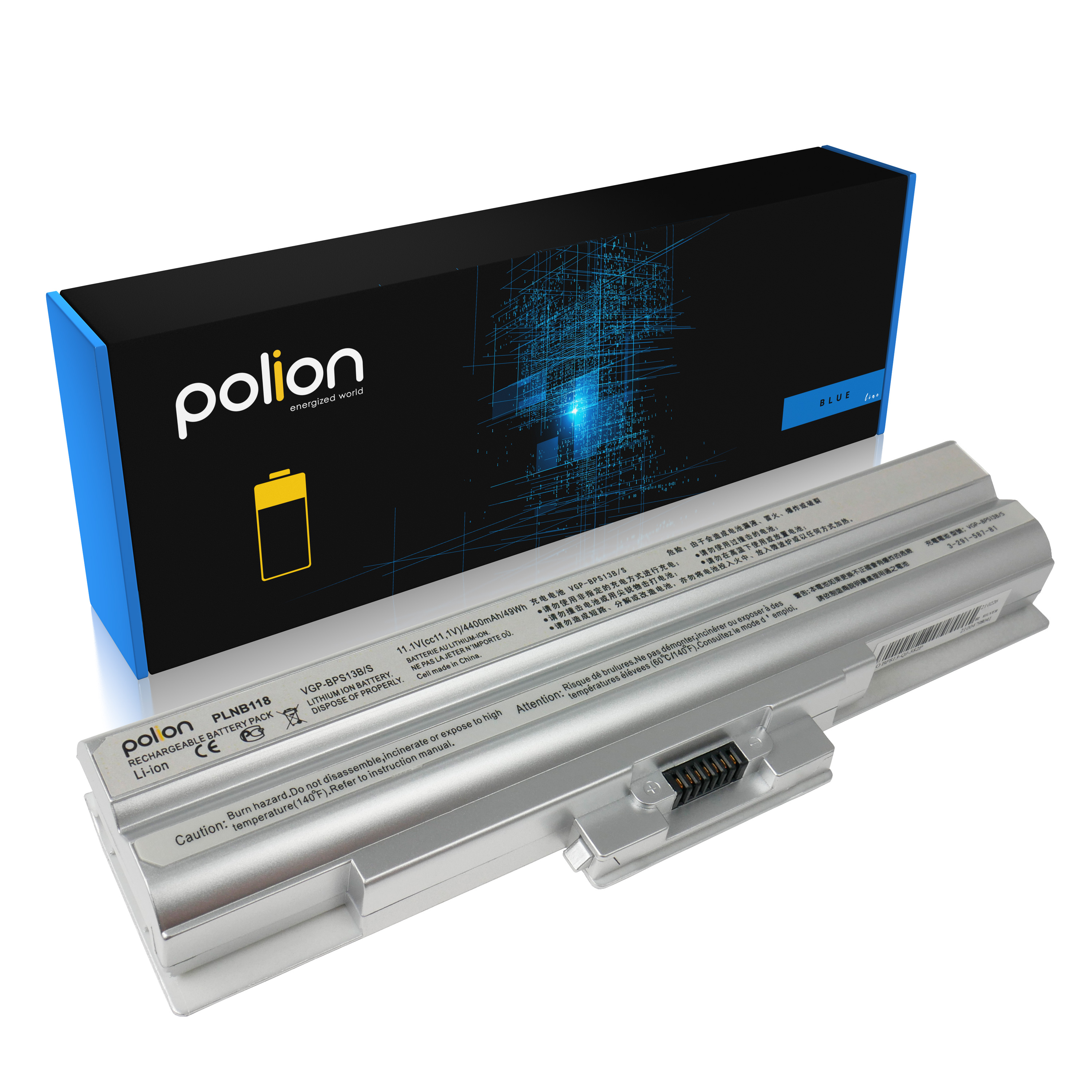 Srebrna bateria do laptopa z logo Polion obok niebieskiego opakowania.
