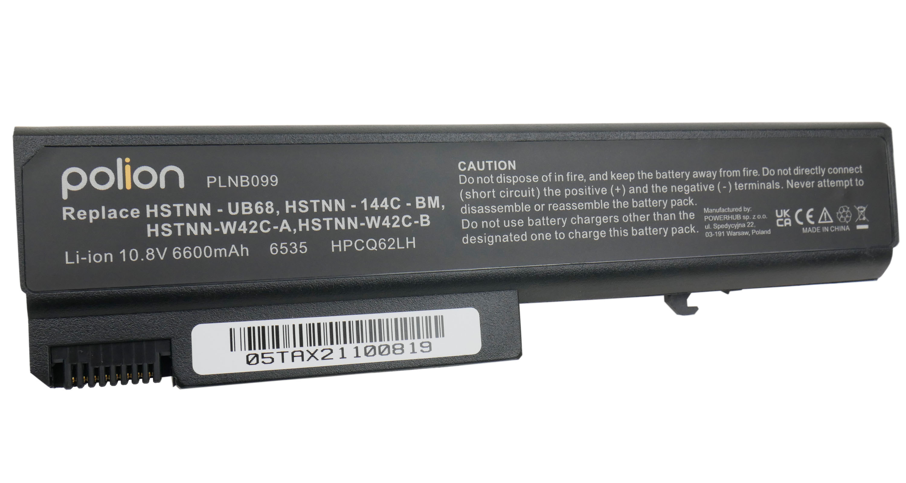 Czarny akumulator do laptopa z napisami i złączami.