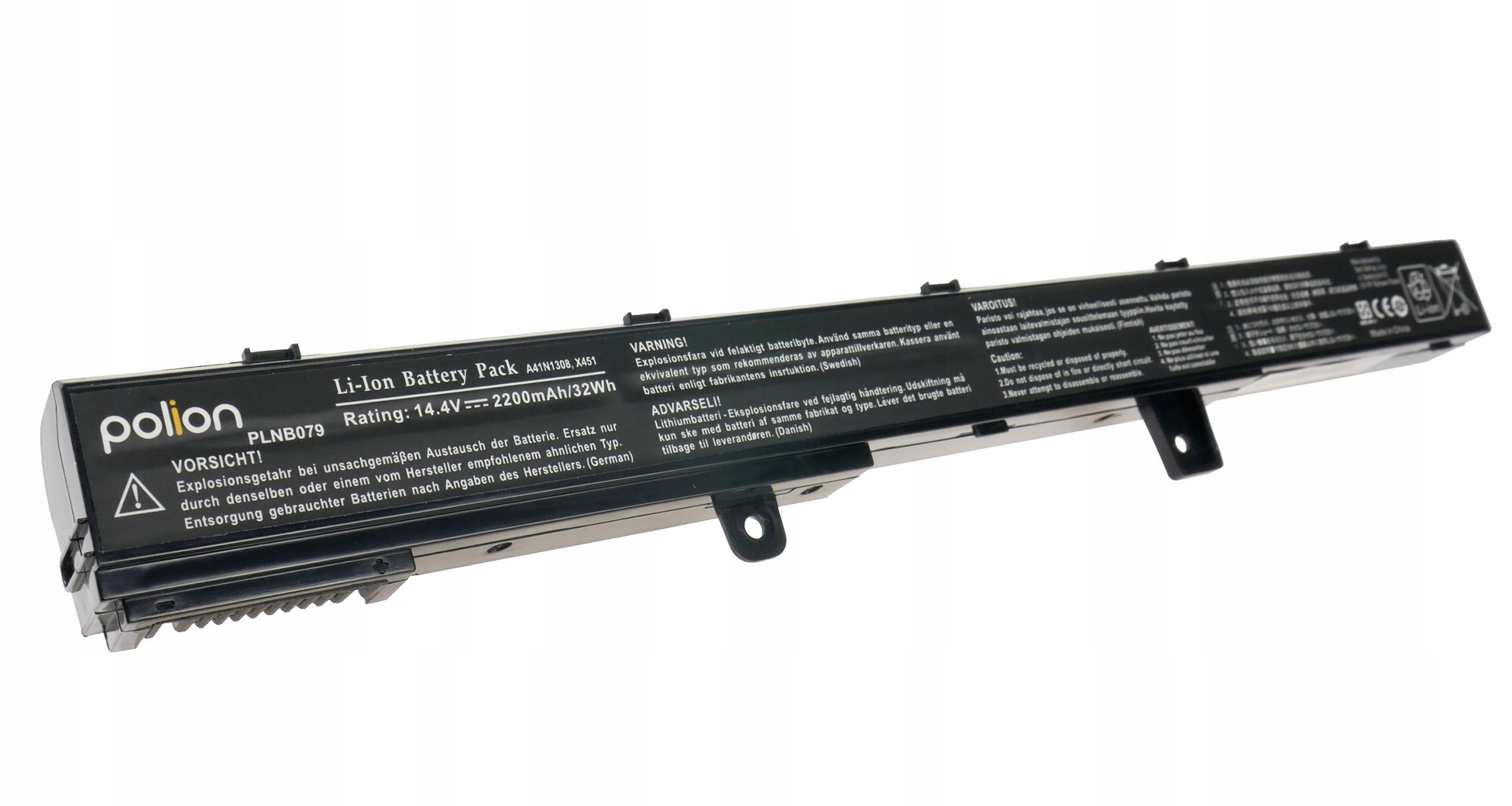 Czarna bateria Li-Ion Polion, 14.4V, 2200mAh. Z etykietami ostrzegawczymi.