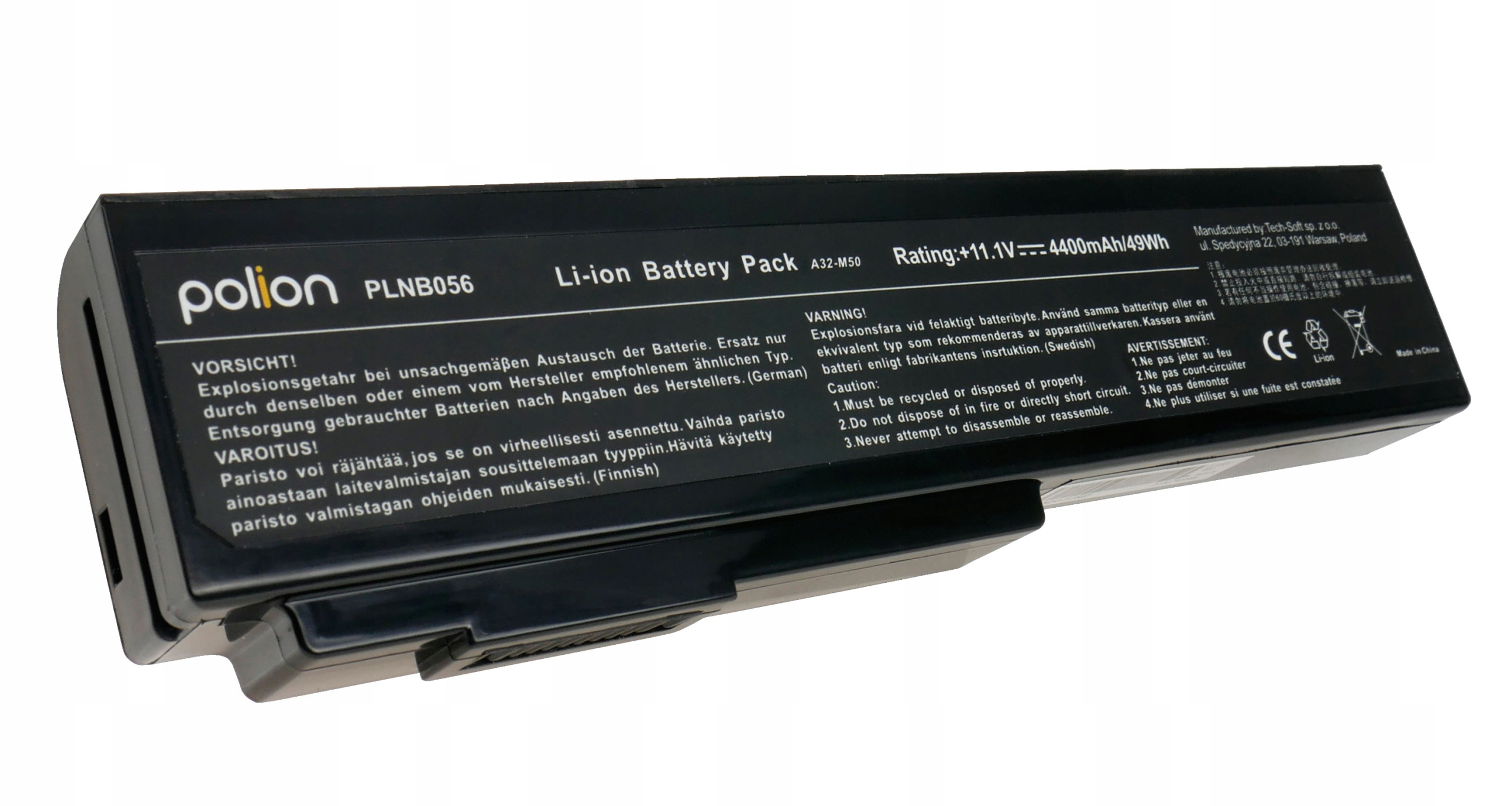 Czarny akumulator Li-ion (4400mAh/49Wh) z wielojęzycznymi ostrzeżeniami.