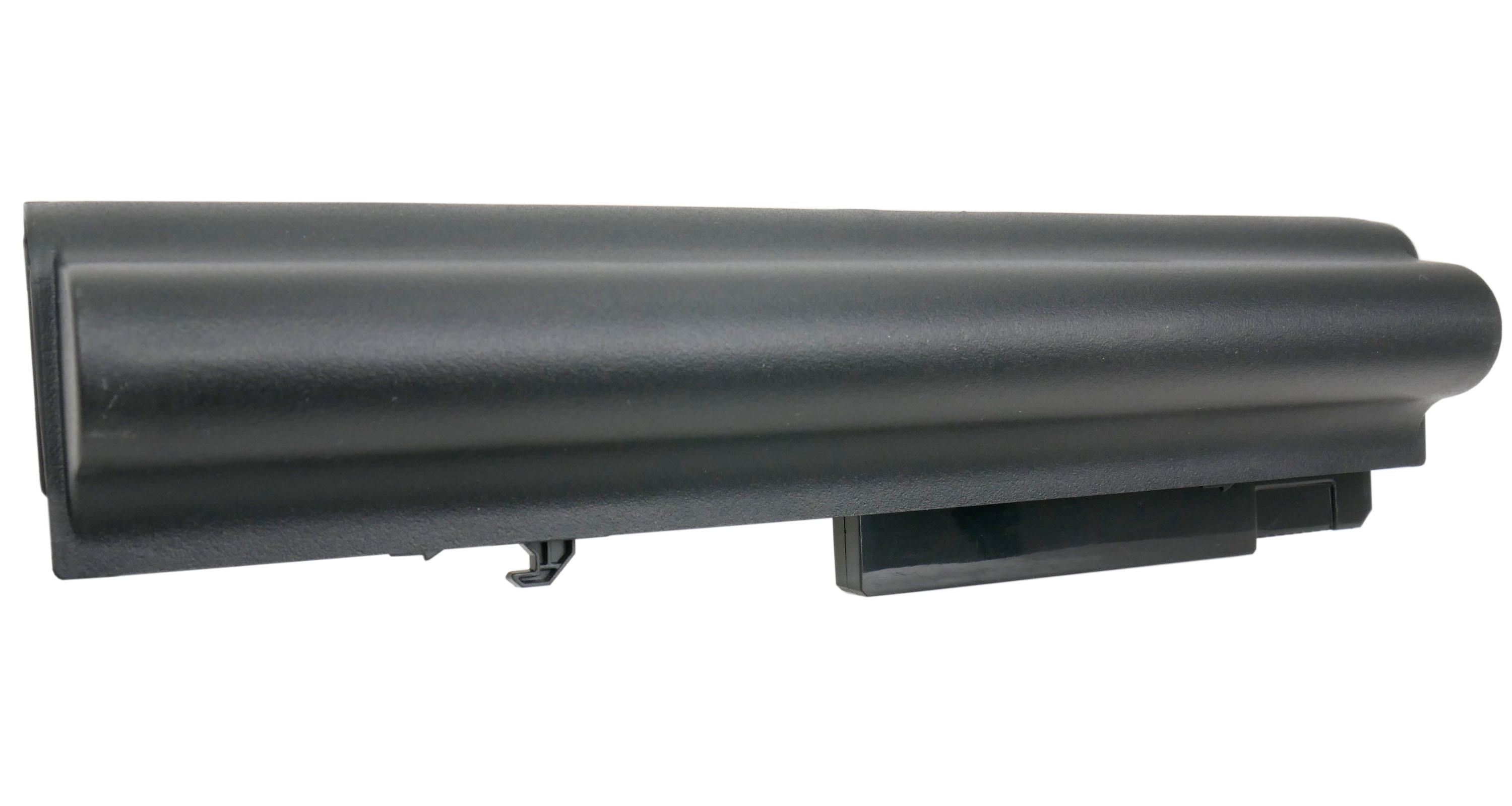 Czarna bateria do laptopa z zaokrąglonymi krawędziami i czarnym złączem.