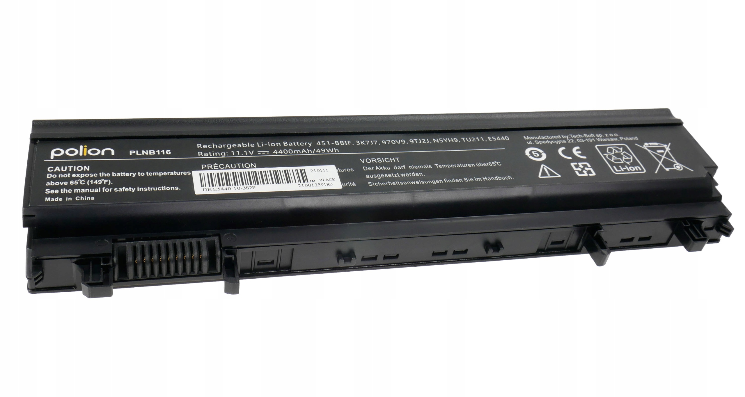 Czarna bateria litowo-jonowa Polion z napisem PLNB116 i złączami.