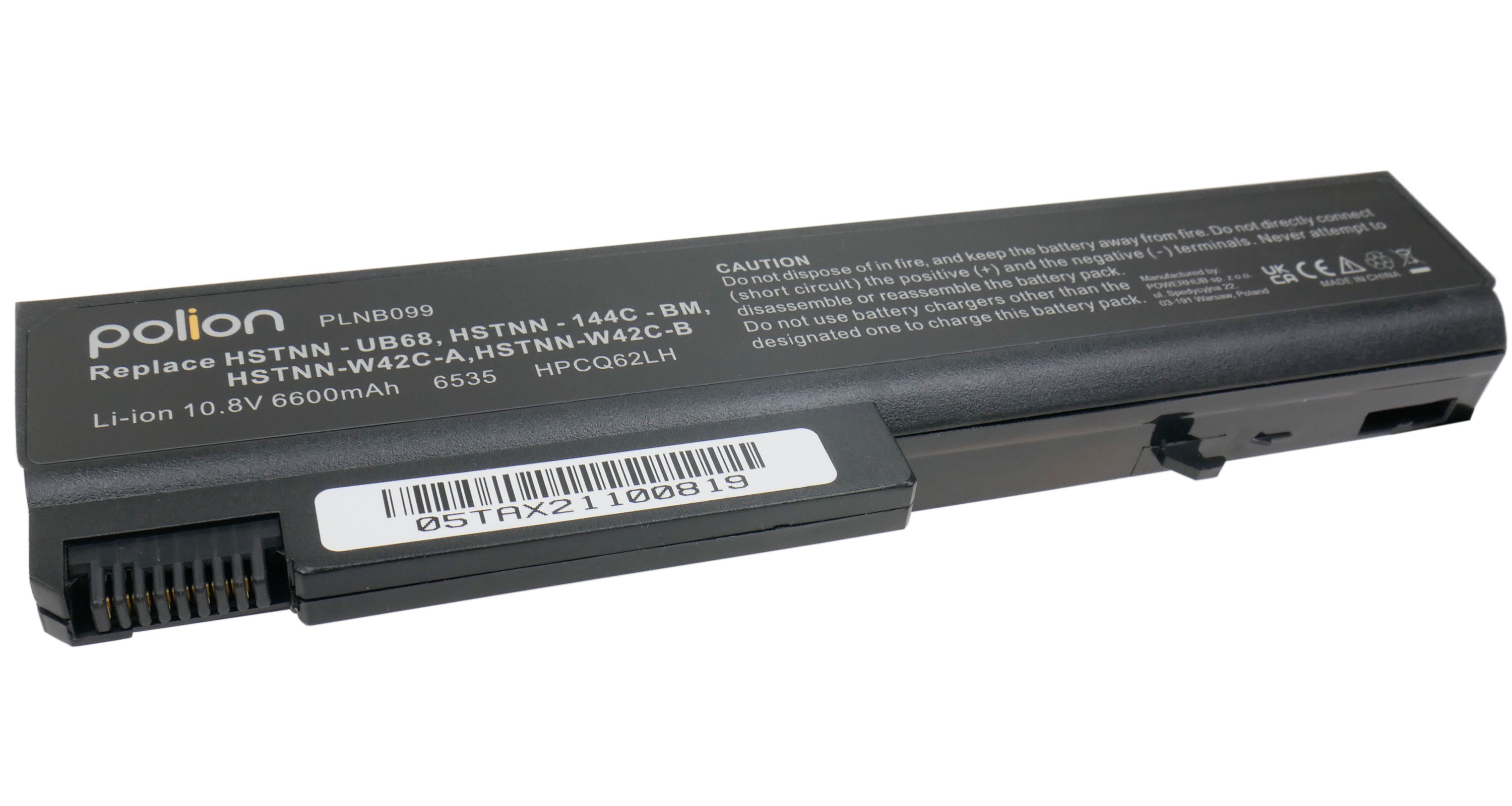 Czarna bateria laptopa Li-ion 10,8V 6600mAh ze szczegółami produktu.