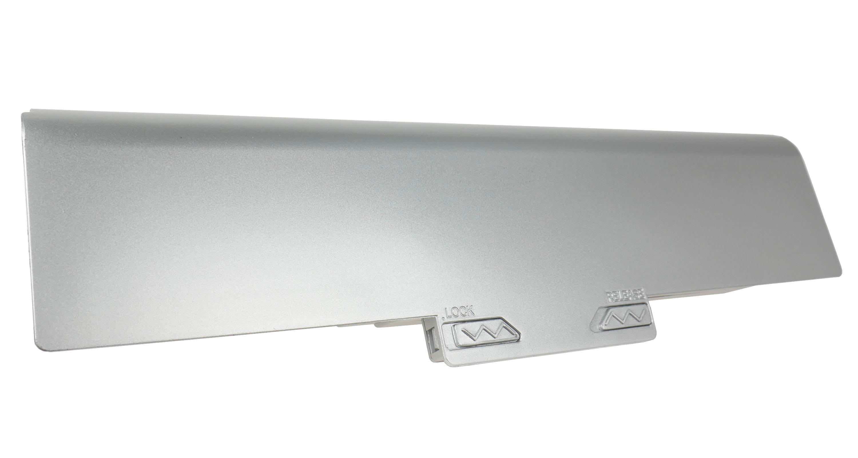 Srebrna bateria do laptopa z mechanizmami blokady i zwolnienia.