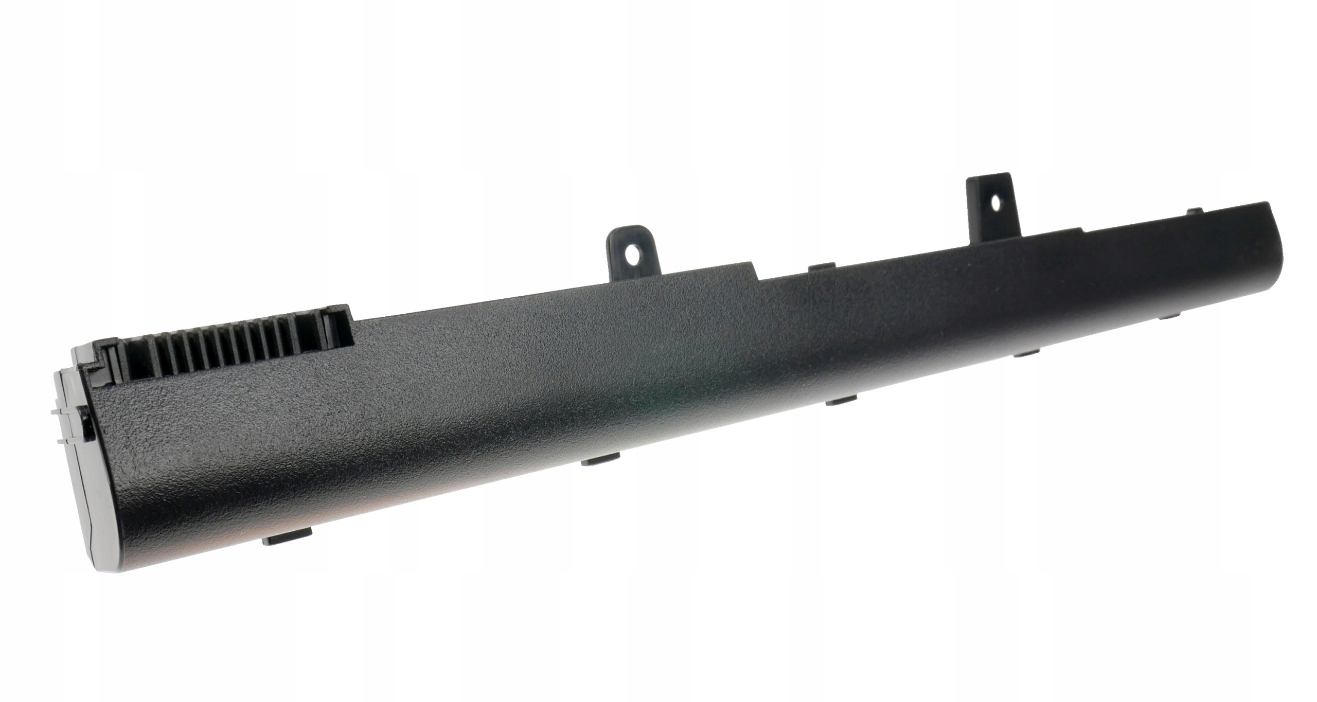 Czarny akumulator do laptopa ze złączami i otworami montażowymi.