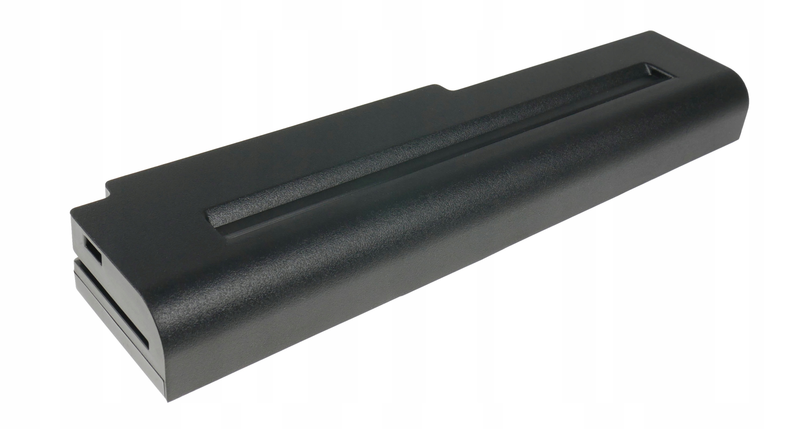 Czarna bateria do laptopa z rowkami na białym tle.