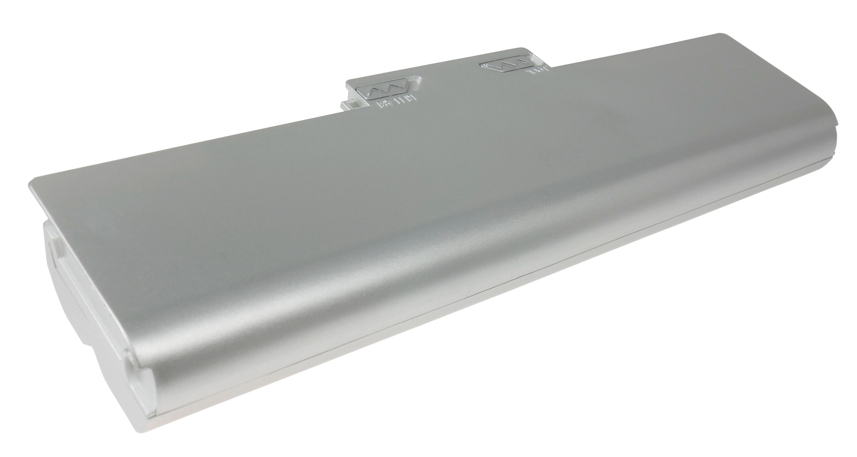 Srebrna bateria do laptopa na białym tle.