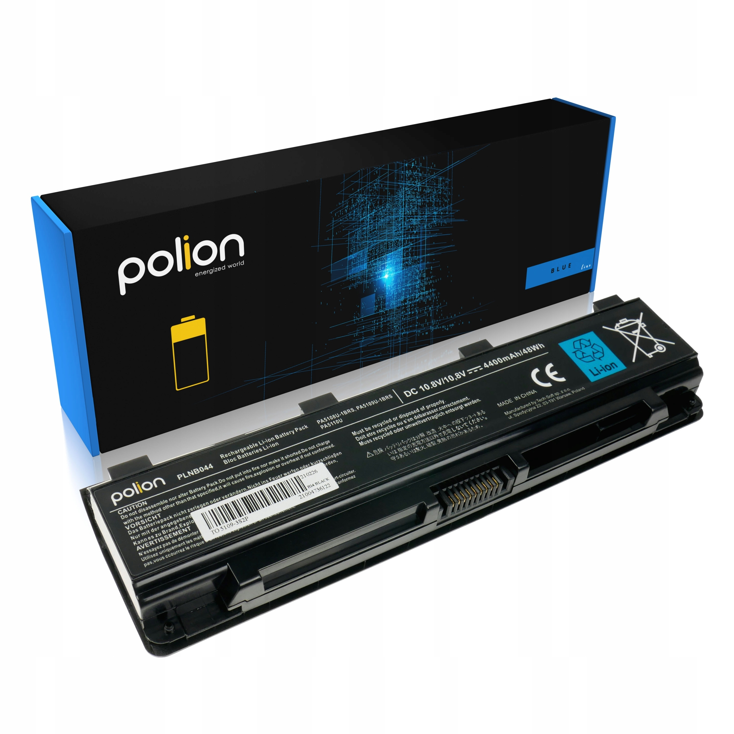 Bateria do laptopa Polion, czarna z niebieskimi akcentami i detalami.