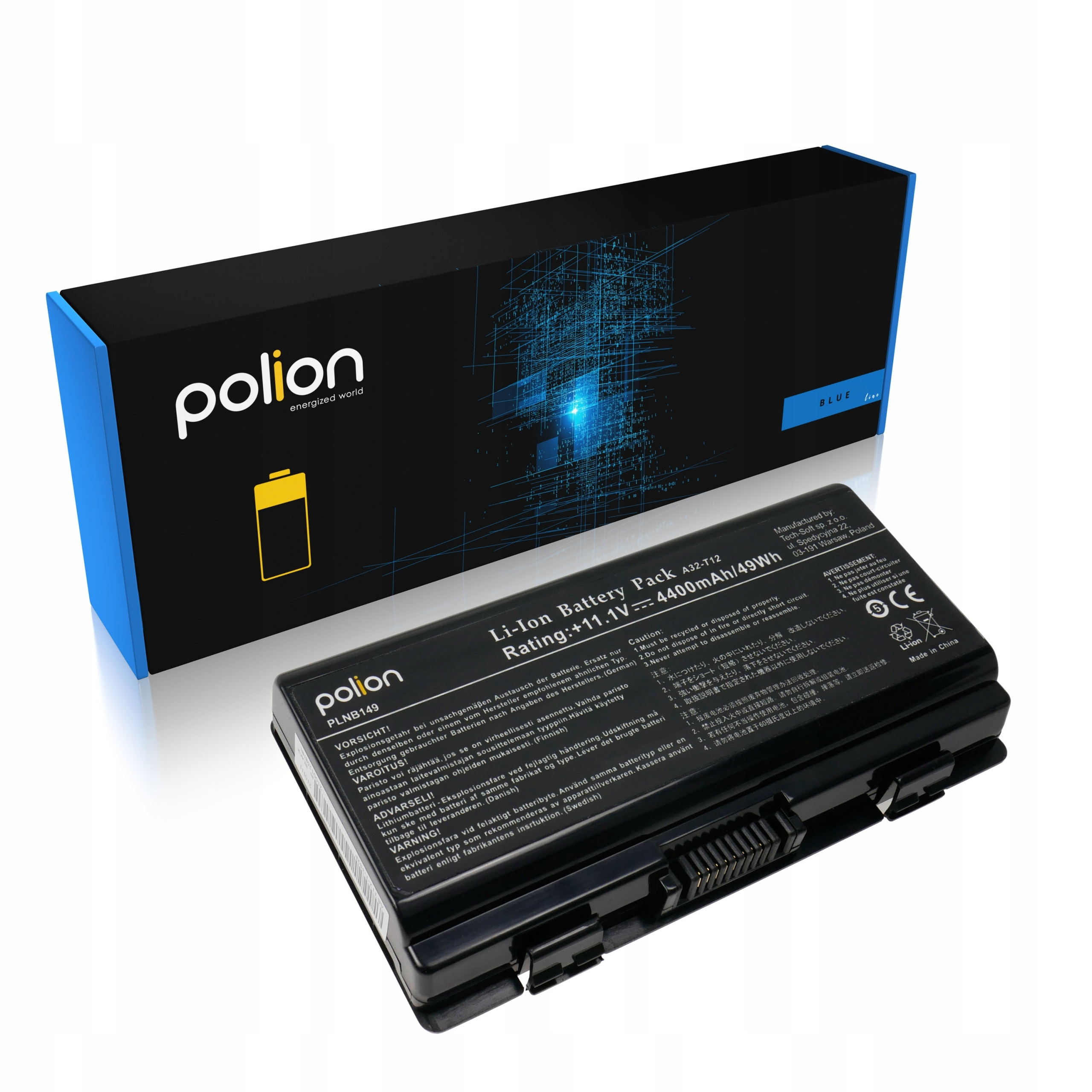 Czarna bateria litowo-jonowa z logo Polion obok niebieskiego opakowania.