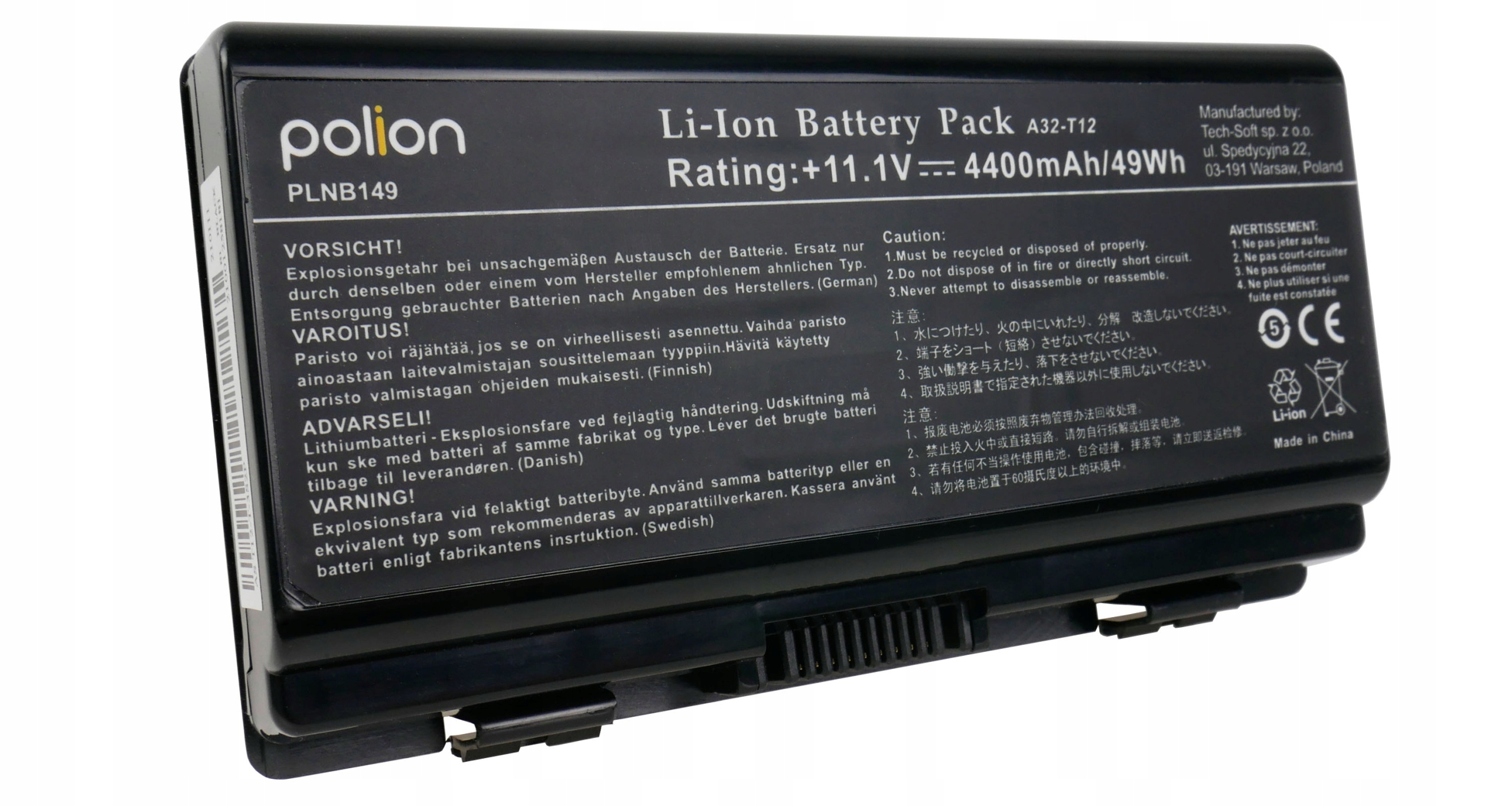 Czarna bateria Polion Li-Ion do laptopa, 4400mAh/49Wh, wyprodukowana w Chinach.