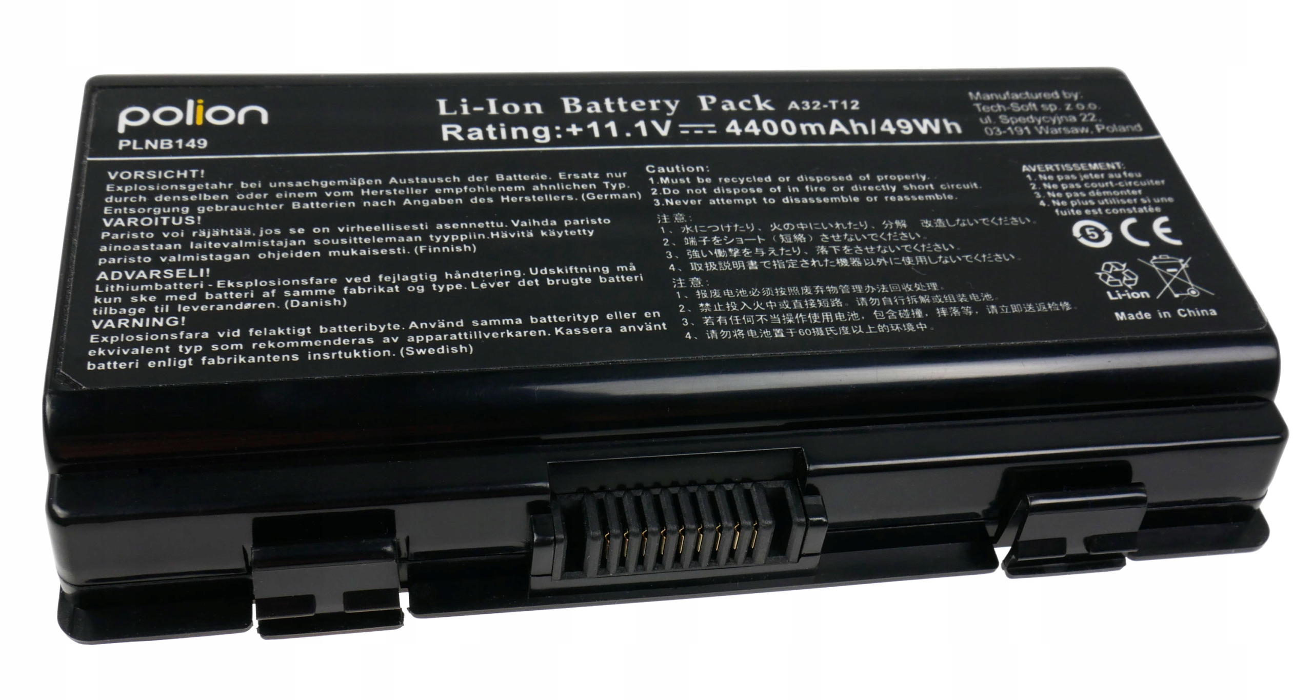 Czarny akumulator Li-Ion, model PLNB149, 11.1V, 4400mAh, z ostrzeżeniami.