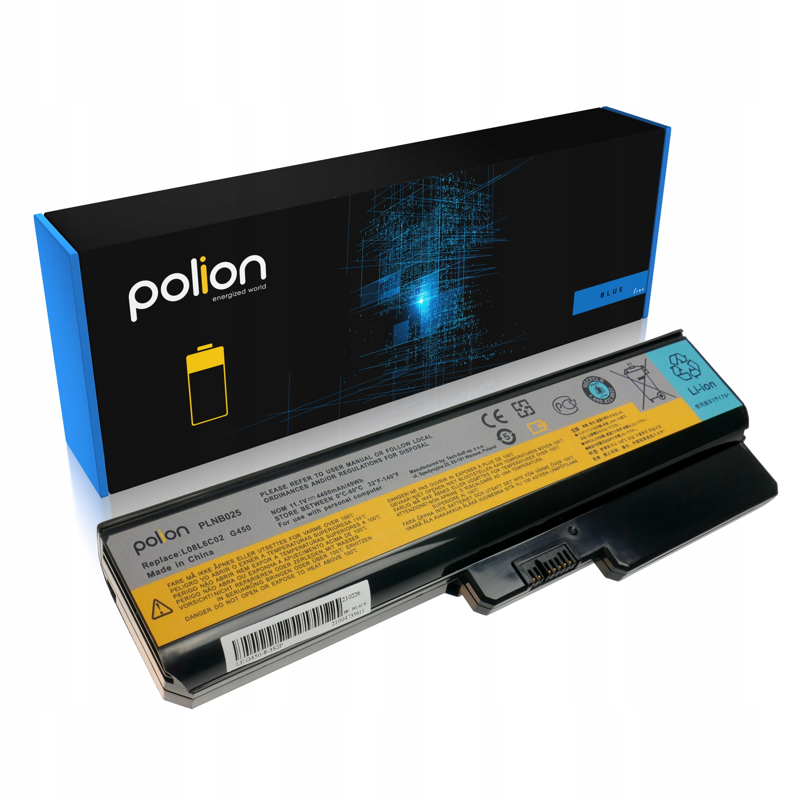 Bateria do laptopa Polon z opakowaniem. Czarna bateria z etykietą i ostrzeżeniami.