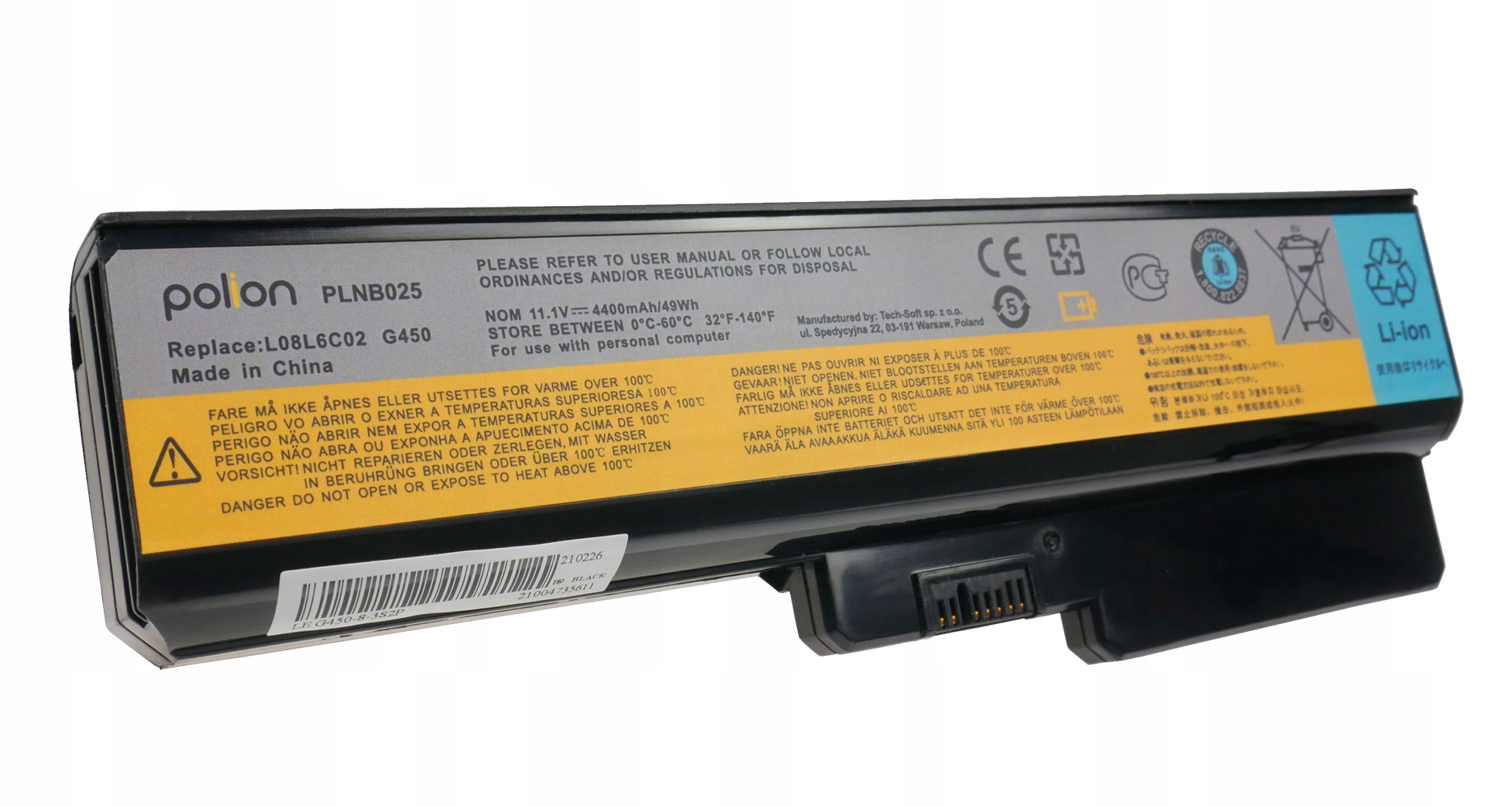 Czarna bateria laptopa Li-ion, model PLNB025, z różnymi etykietami ostrzegawczymi.