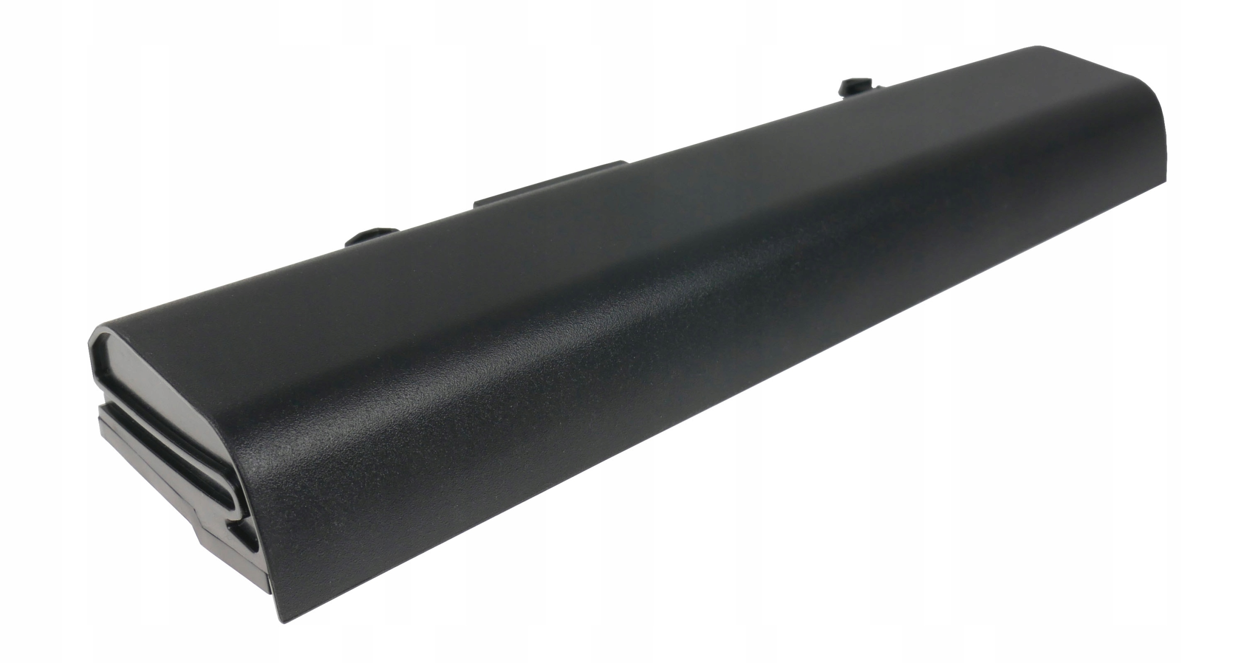 Czarna bateria do laptopa z metalowymi złączami na jednym końcu.