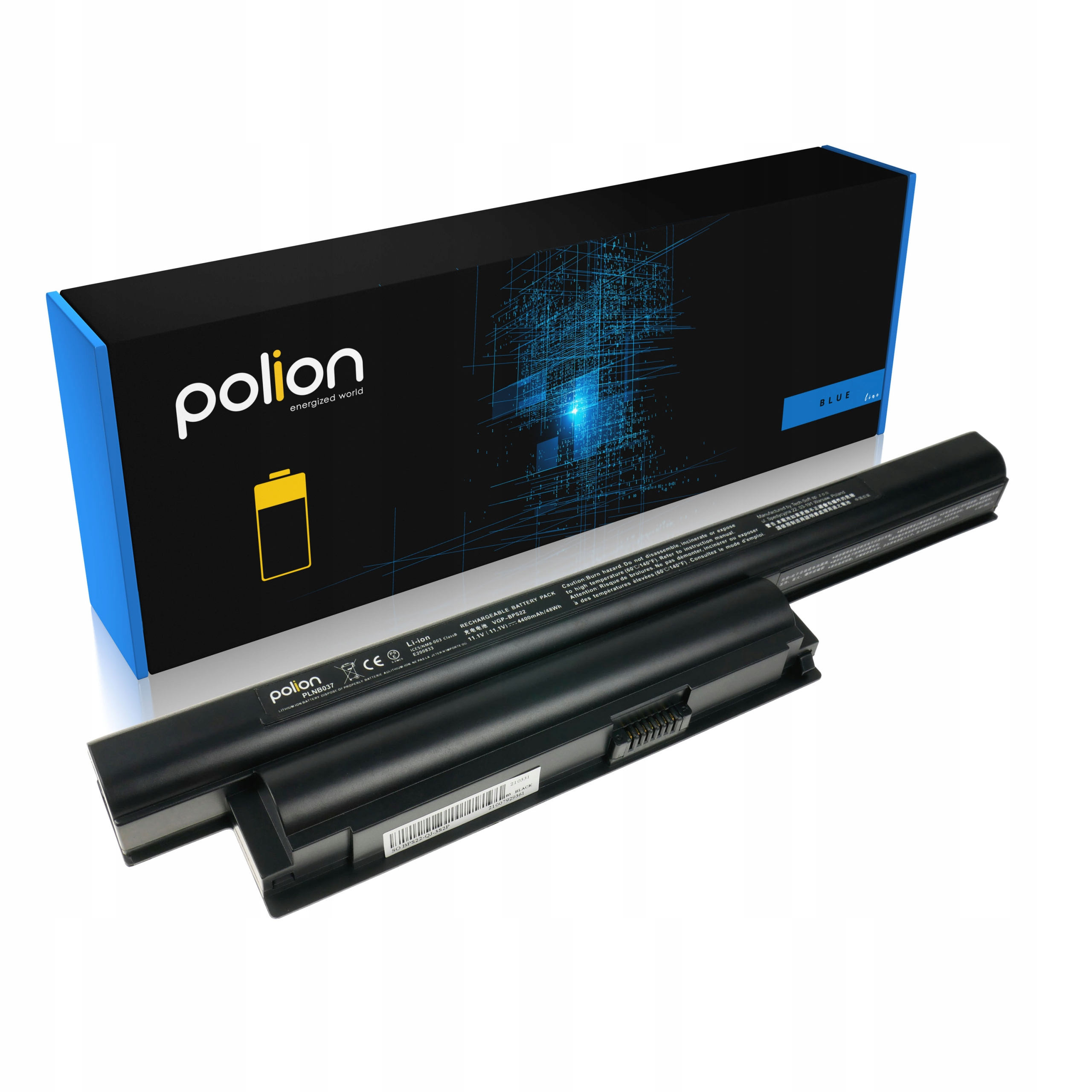 Czarna bateria do laptopa z niebieskim pudełkiem Polion w tle.