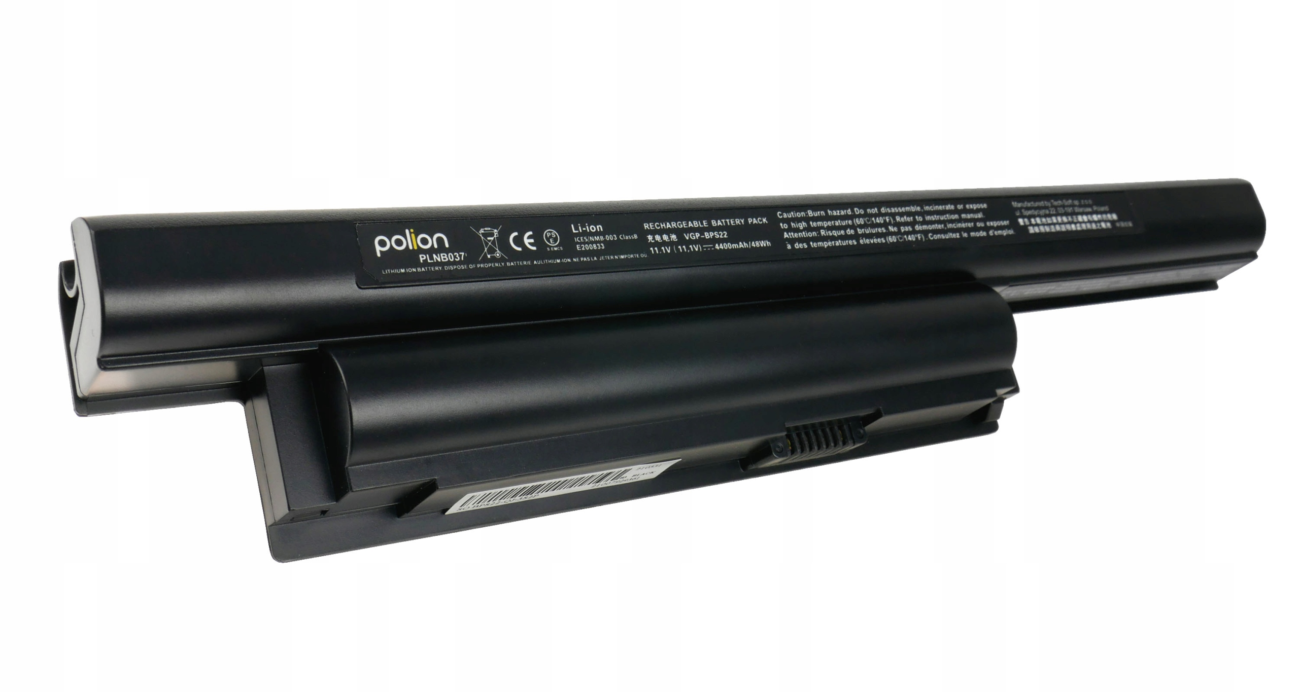 Czarna bateria do laptopa z etykietami i symbolami ostrzegawczymi.