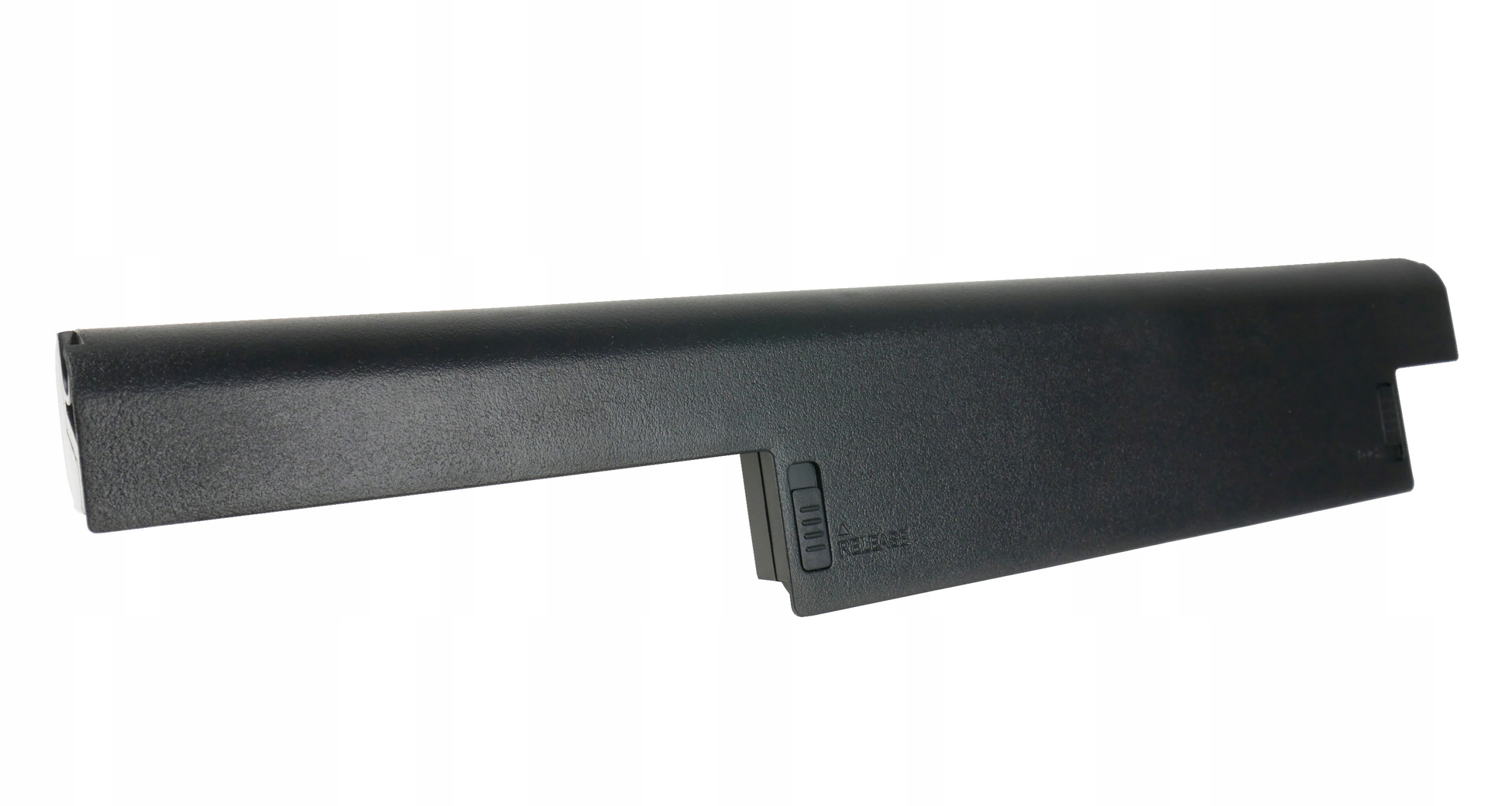 Czarna bateria do laptopa z czterema wskaźnikami i przyciskiem zwalniającym.