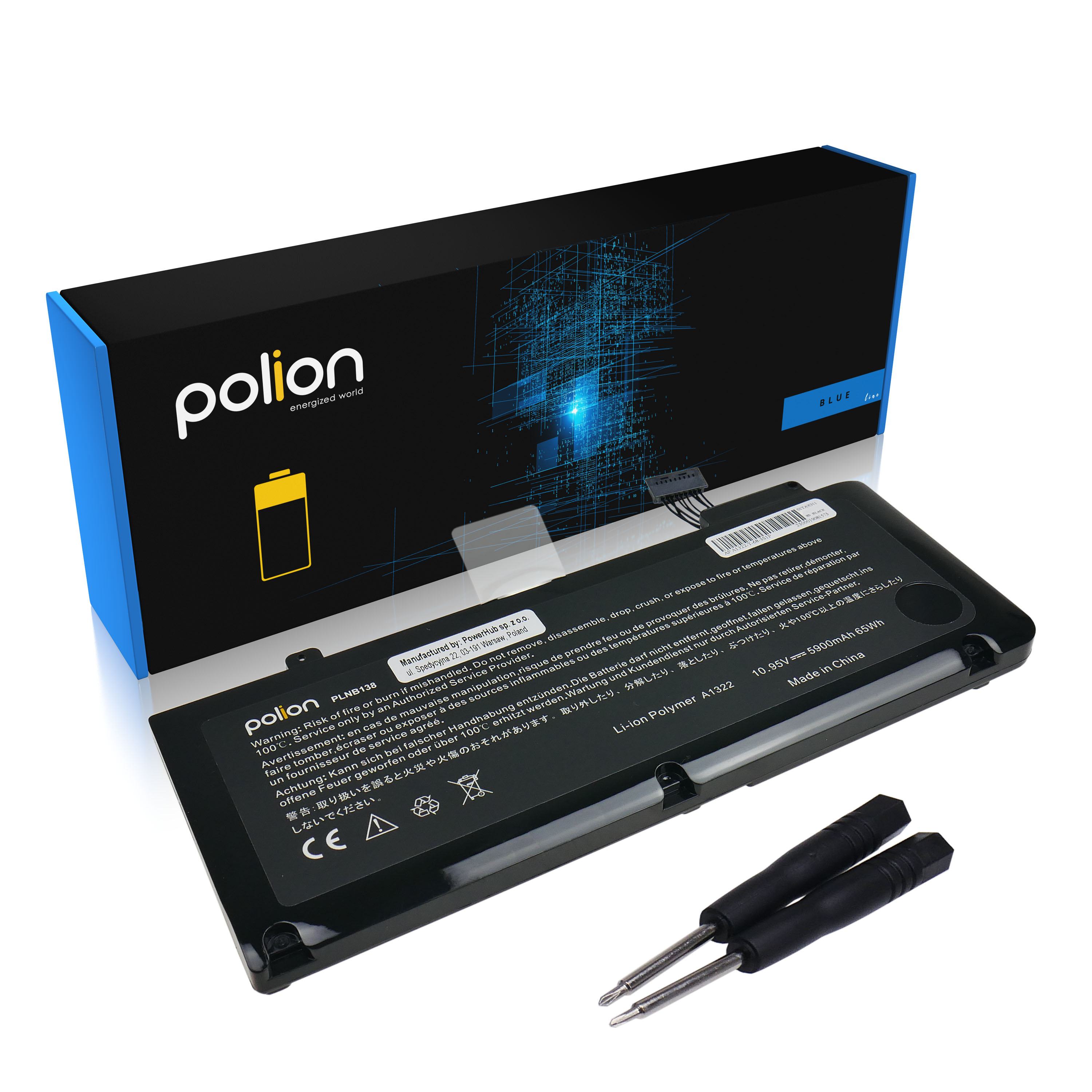 Czarna bateria do laptopa z dwoma małymi śrubokrętami z przodu.