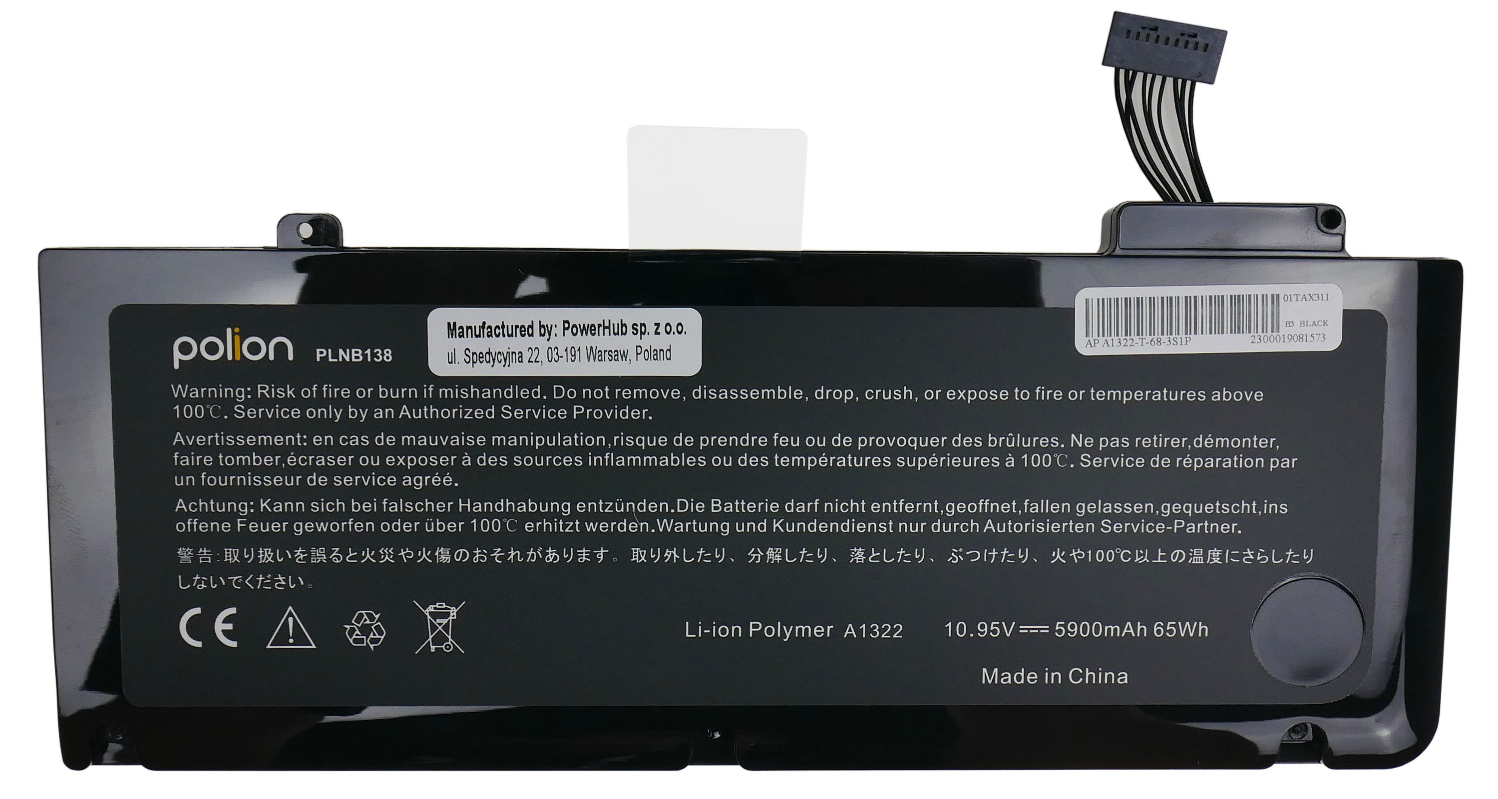 Czarna bateria do laptopa z kablami i wielojęzycznymi ostrzeżeniami.