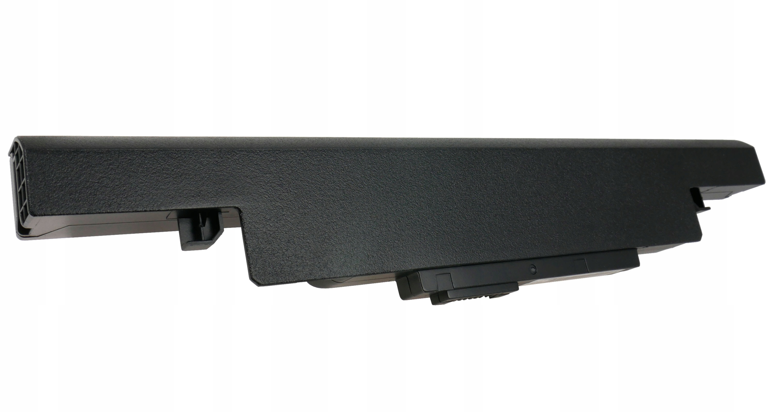 Czarna bateria do laptopa z mechanizmami blokującymi na spodzie.