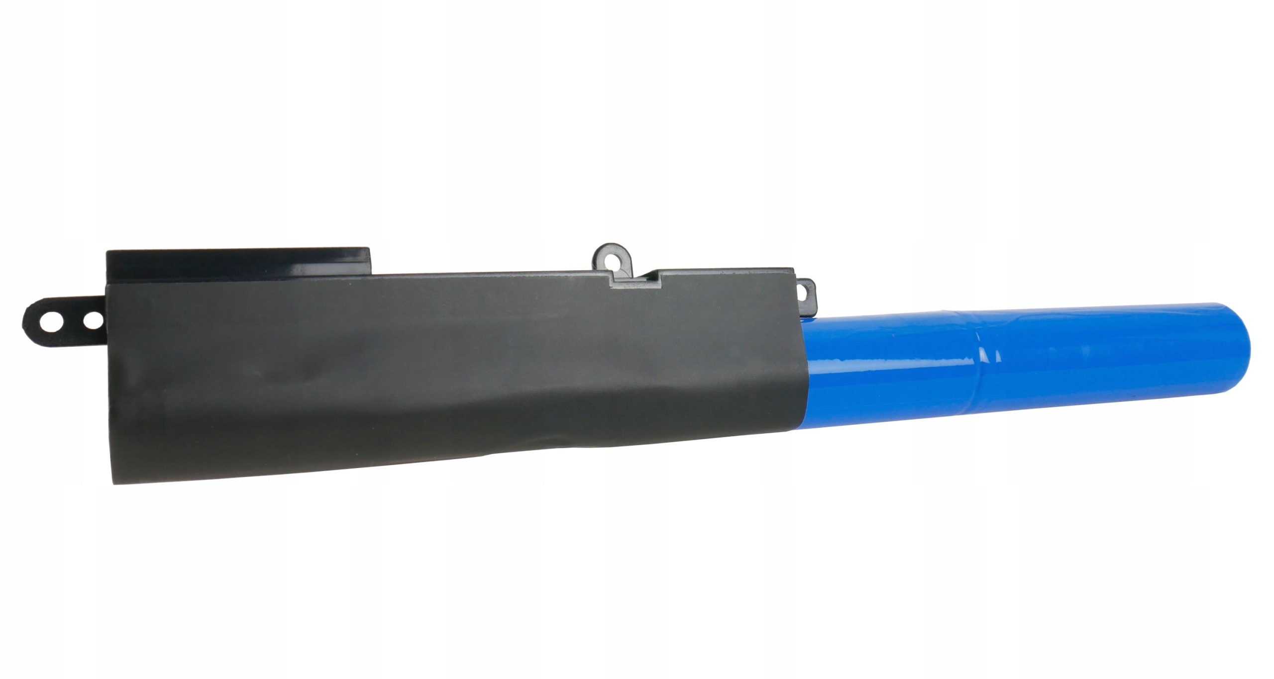 Czarny akumulator z niebieskim elementem cylindrycznym na białym tle.