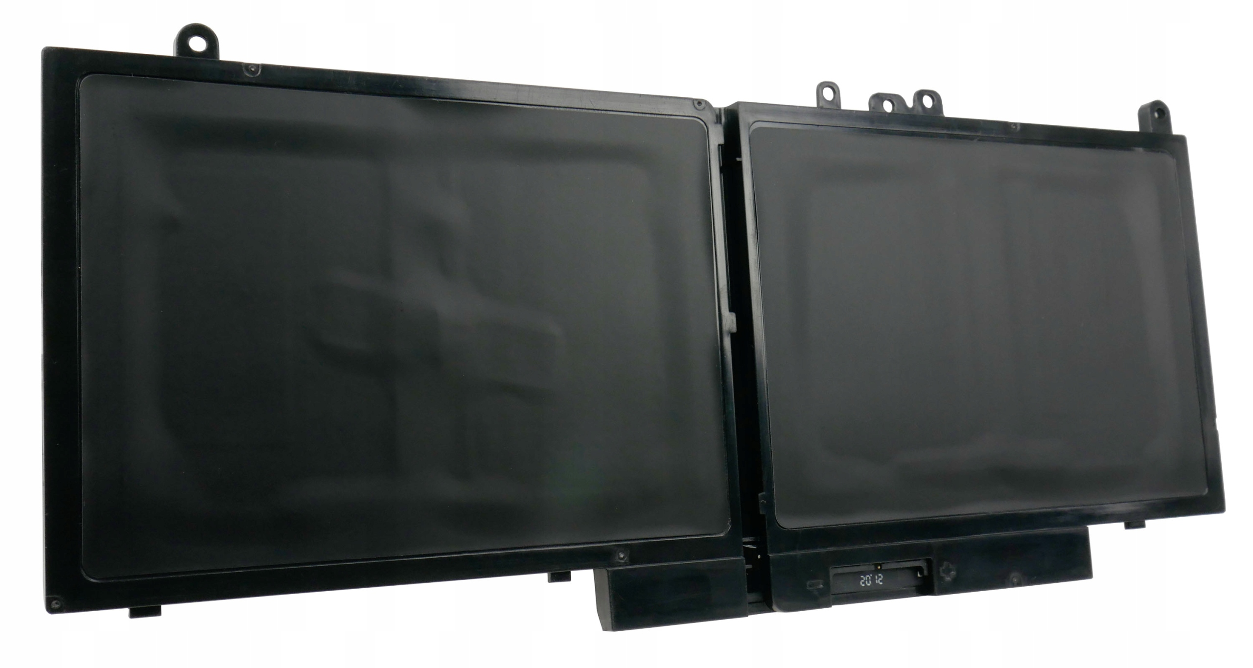 Dwie czarne, prostokątne ogniwa akumulatorowe obok siebie z otworami montażowymi na górze.