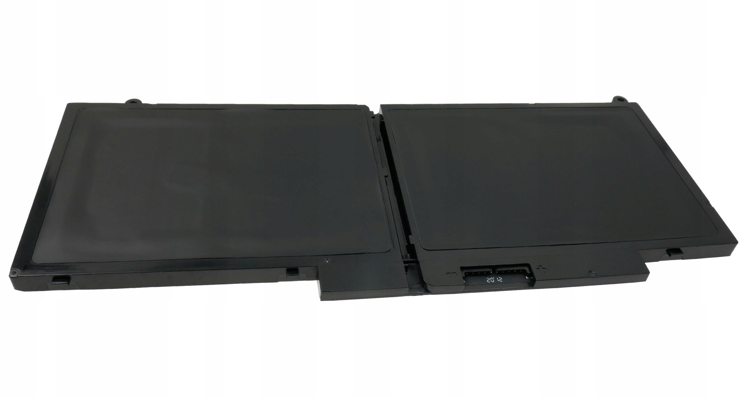 Czarna bateria do laptopa z dwoma segmentami na białym tle.