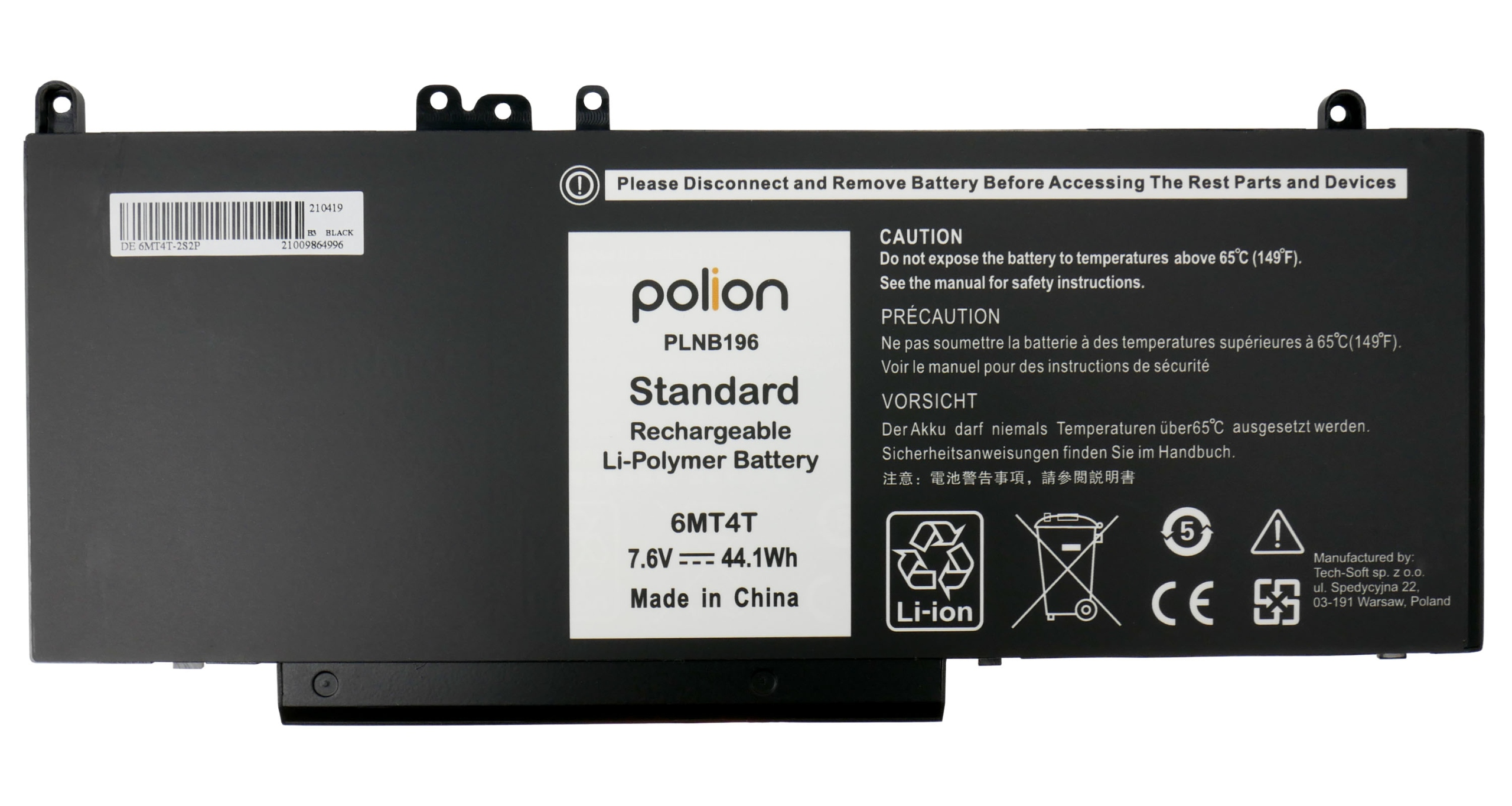 Czarna bateria do laptopa z etykietami ostrzegawczymi i danymi producenta.