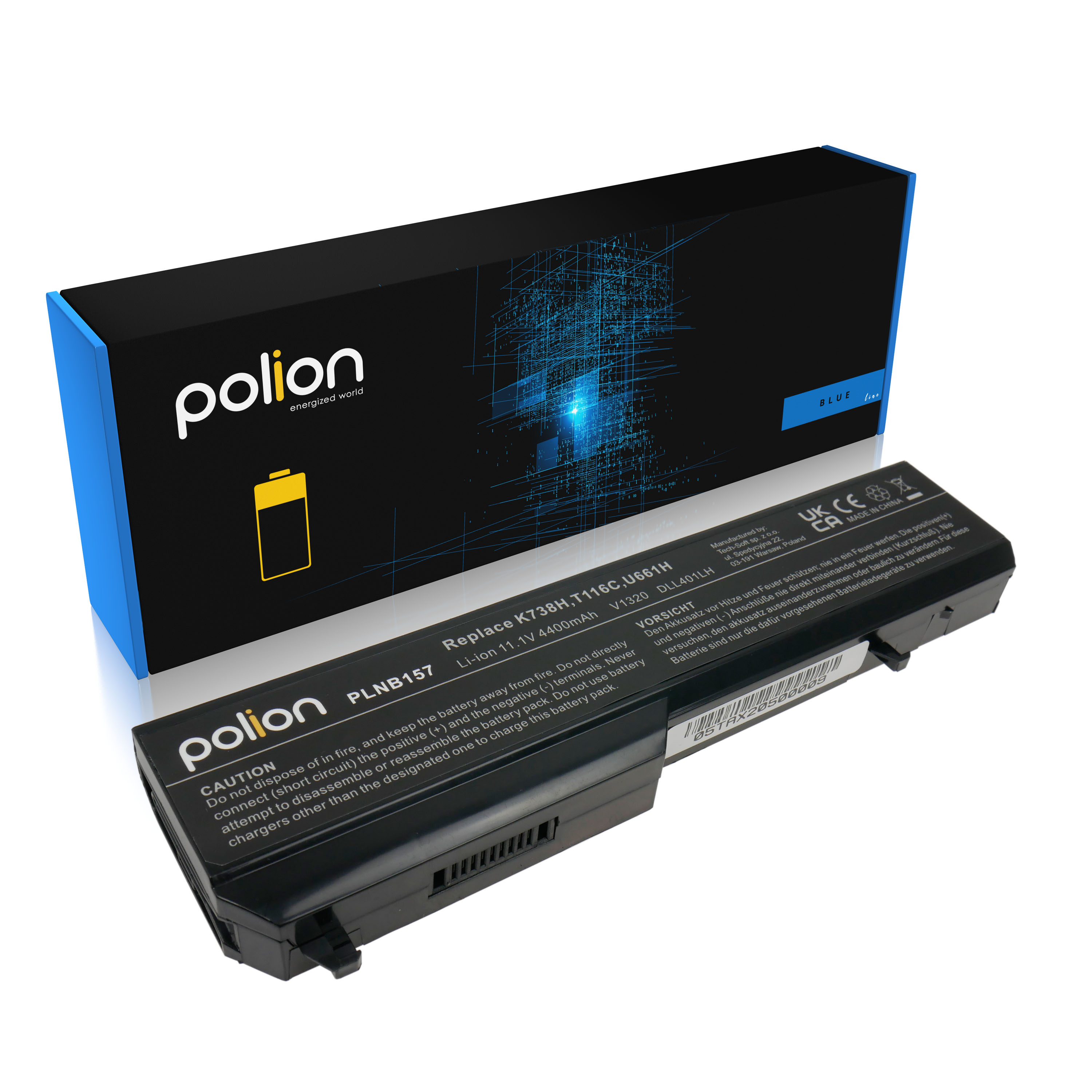 Bateria do laptopa Polion z opakowaniem, pokazująca dane i ostrzeżenia.