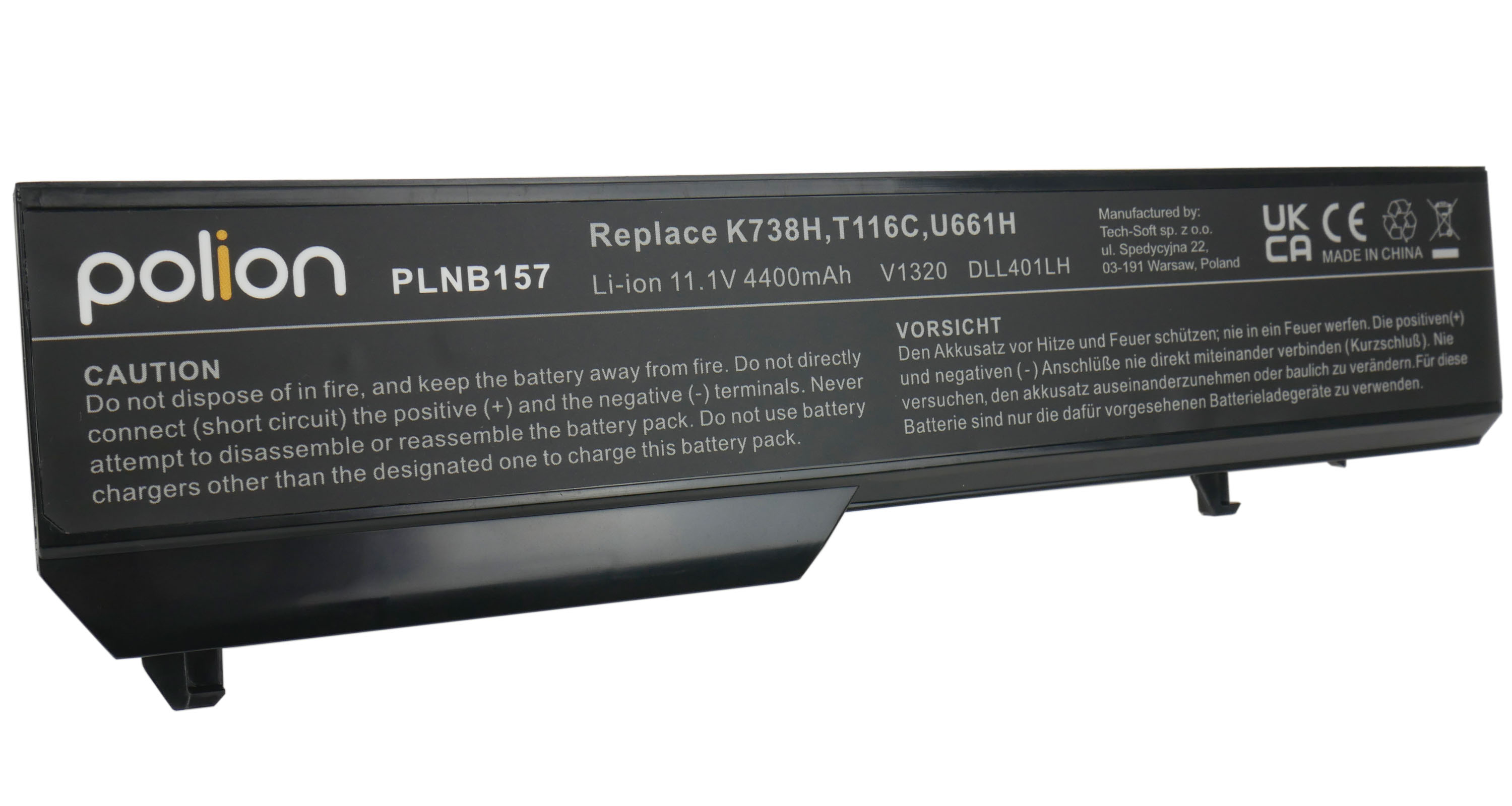 Czarna bateria do laptopa, model PLNB157, 11.1V 4400mAh, z tekstem ostrzegawczym.