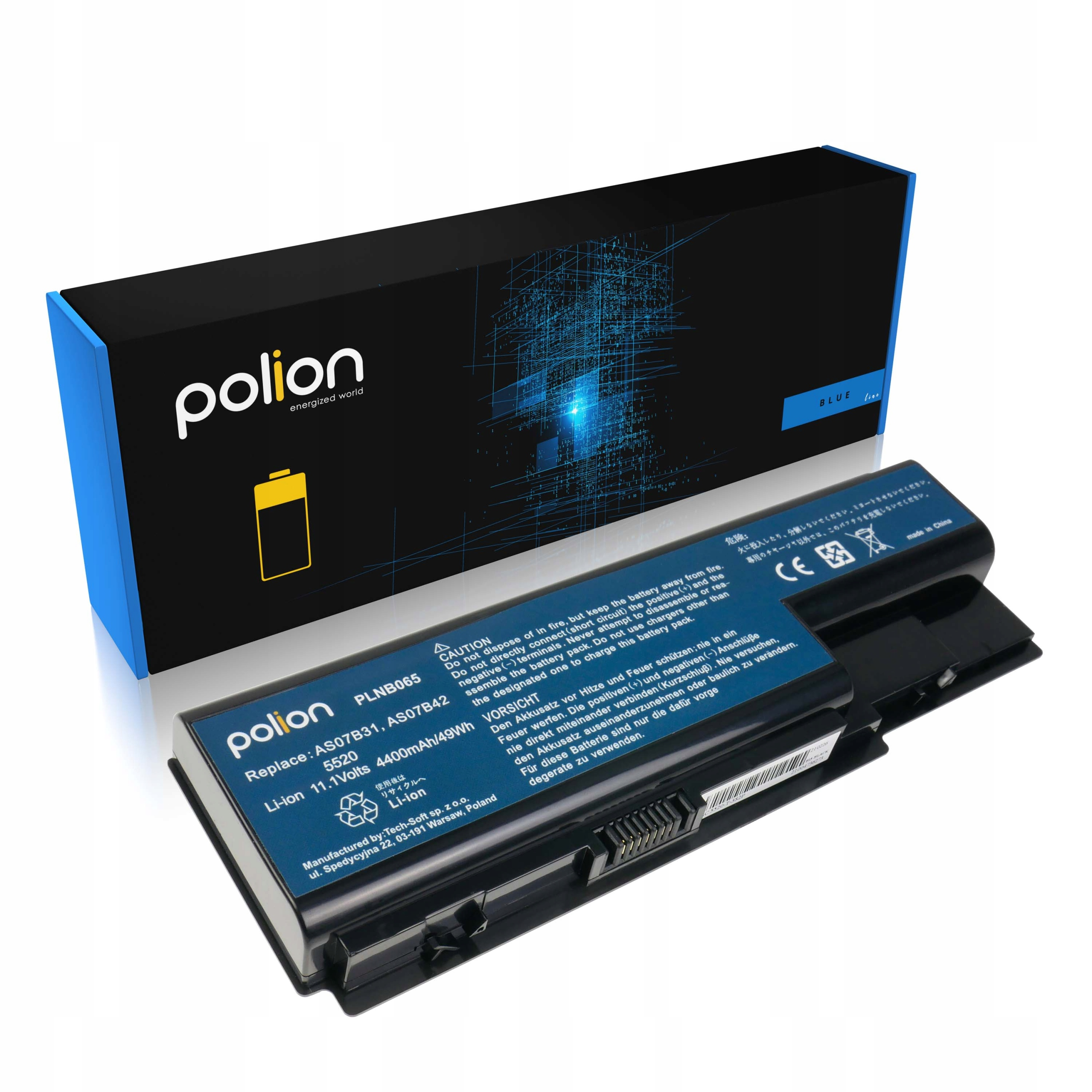 Bateria do laptopa polion z ostrzeżeniami i danymi technicznymi.