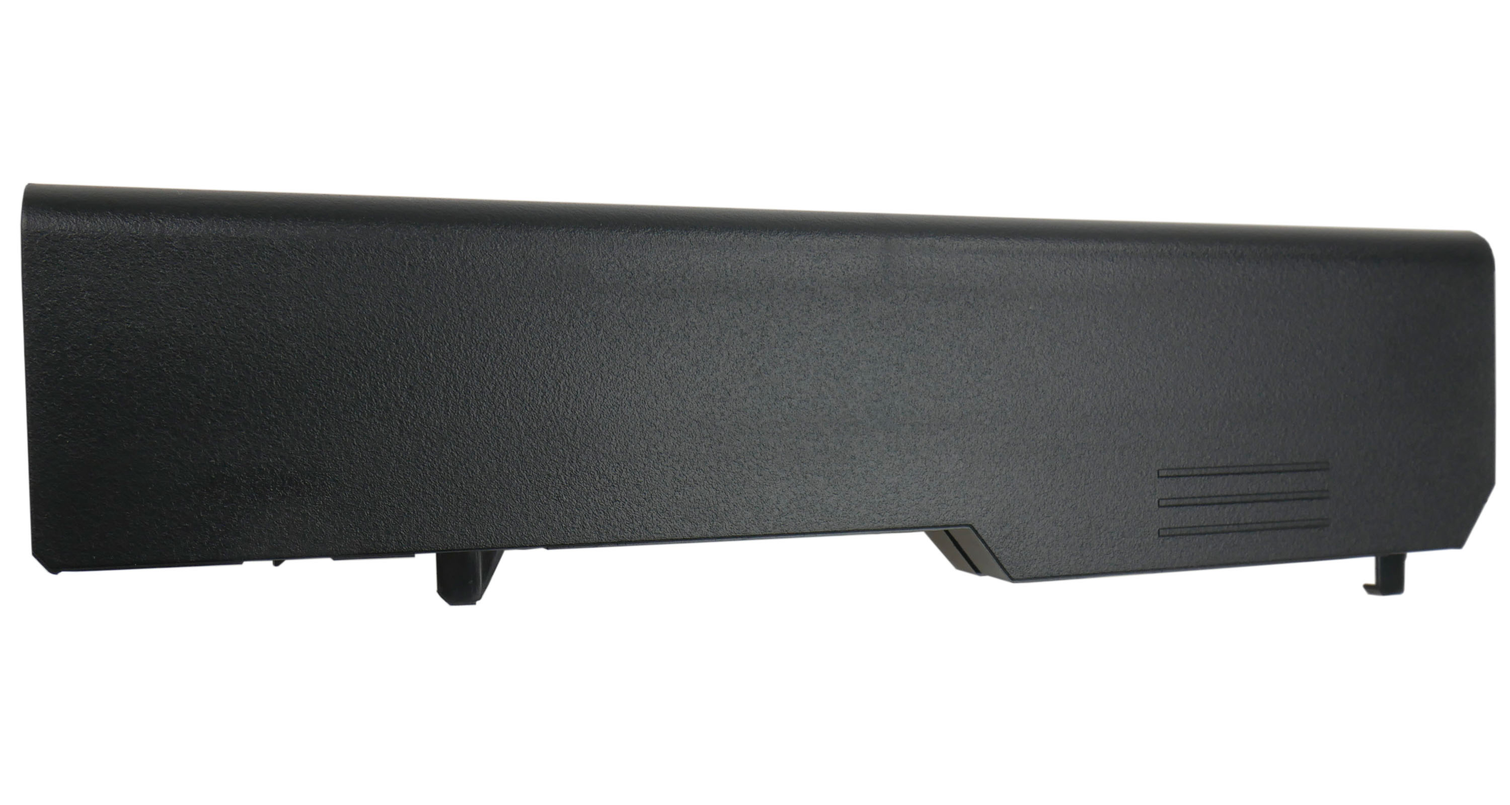 Czarna bateria do laptopa z teksturowaną powierzchnią i szczelinami wentylacyjnymi.