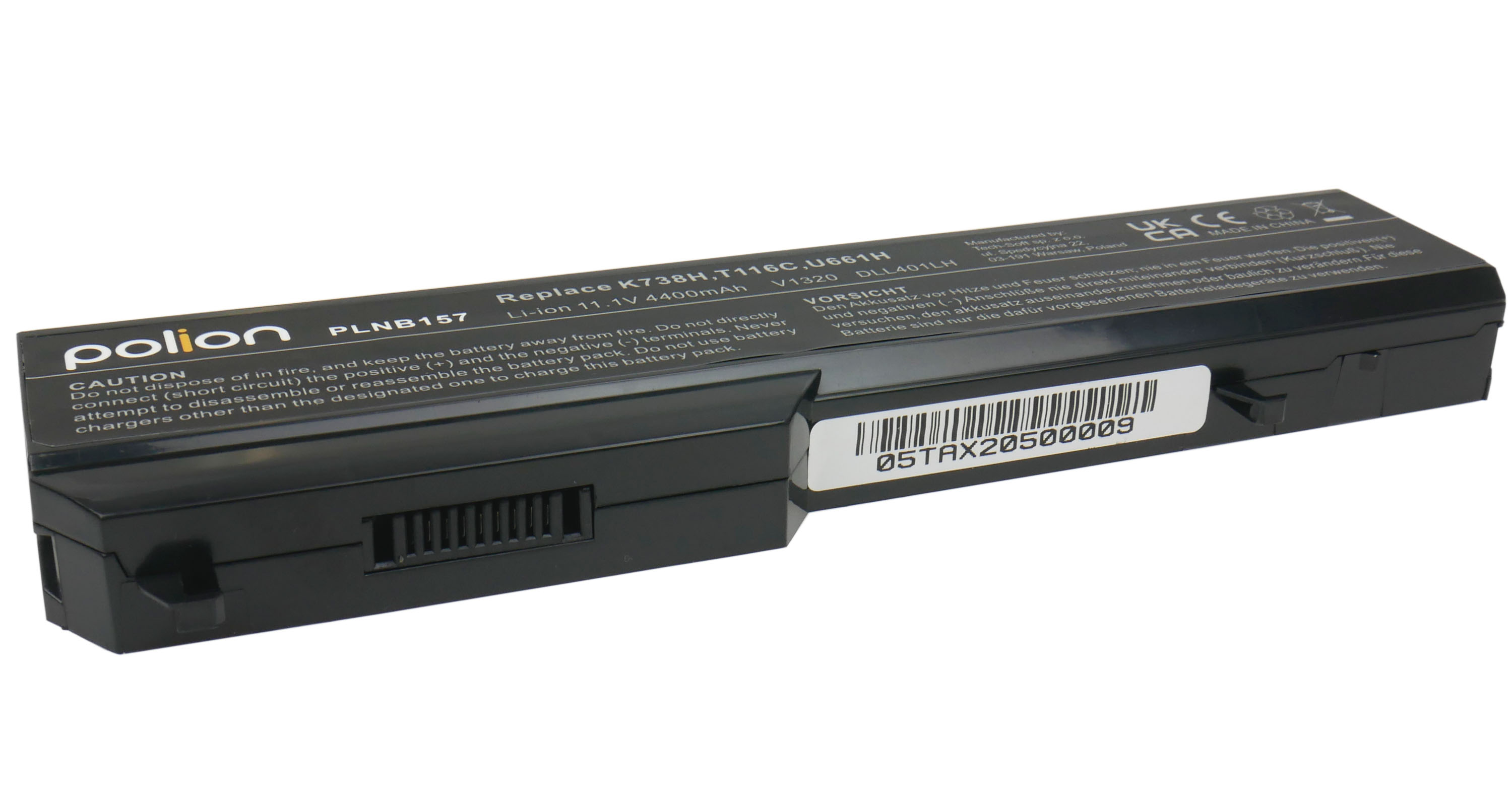 Czarny akumulator do laptopa z etykietą i kodem kreskowym. Model PLNB157.