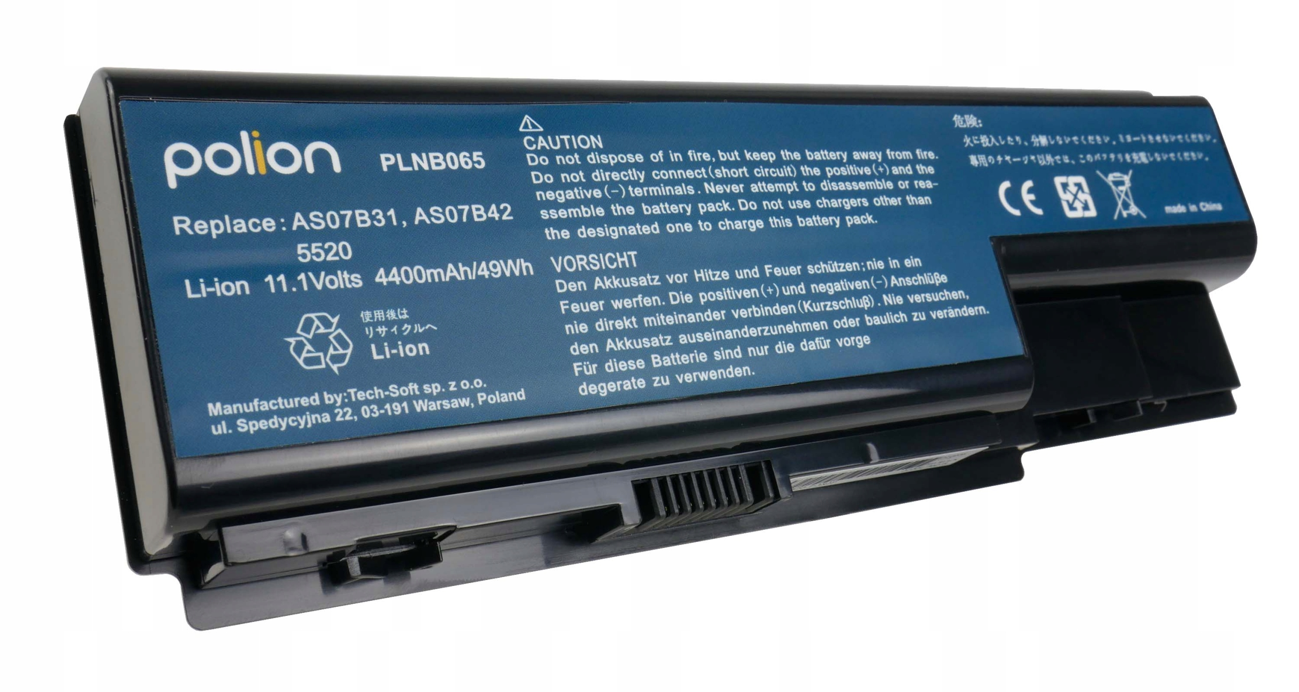 Czarny akumulator z niebieskimi etykietami, model PLNB065.