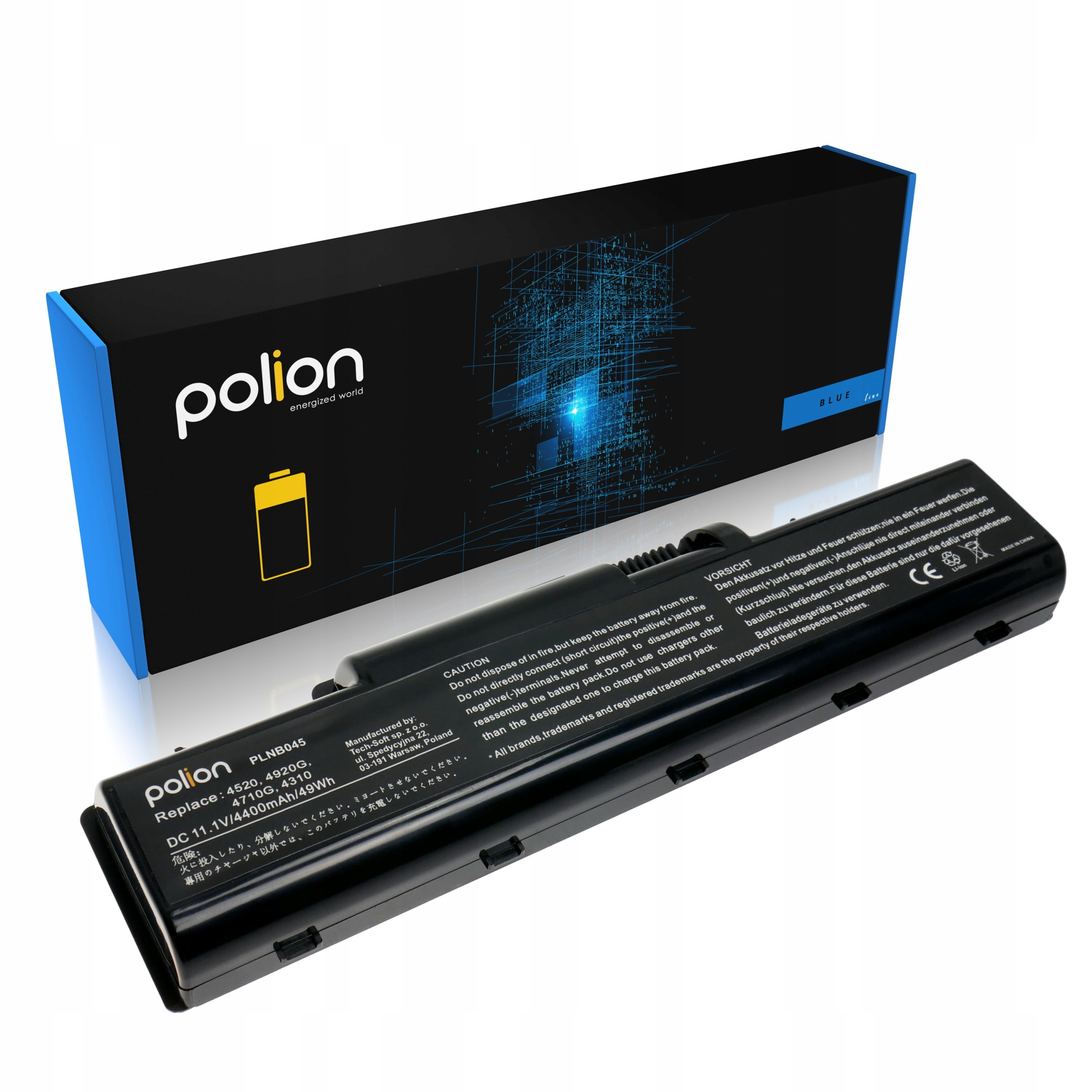 Czarny akumulator do laptopa z niebieskimi akcentami i danymi producenta.