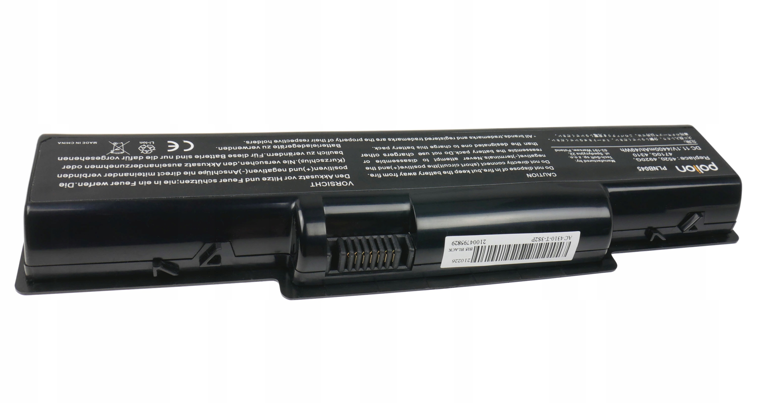 Czarny akumulator Li-Ion z napisami i złączami.