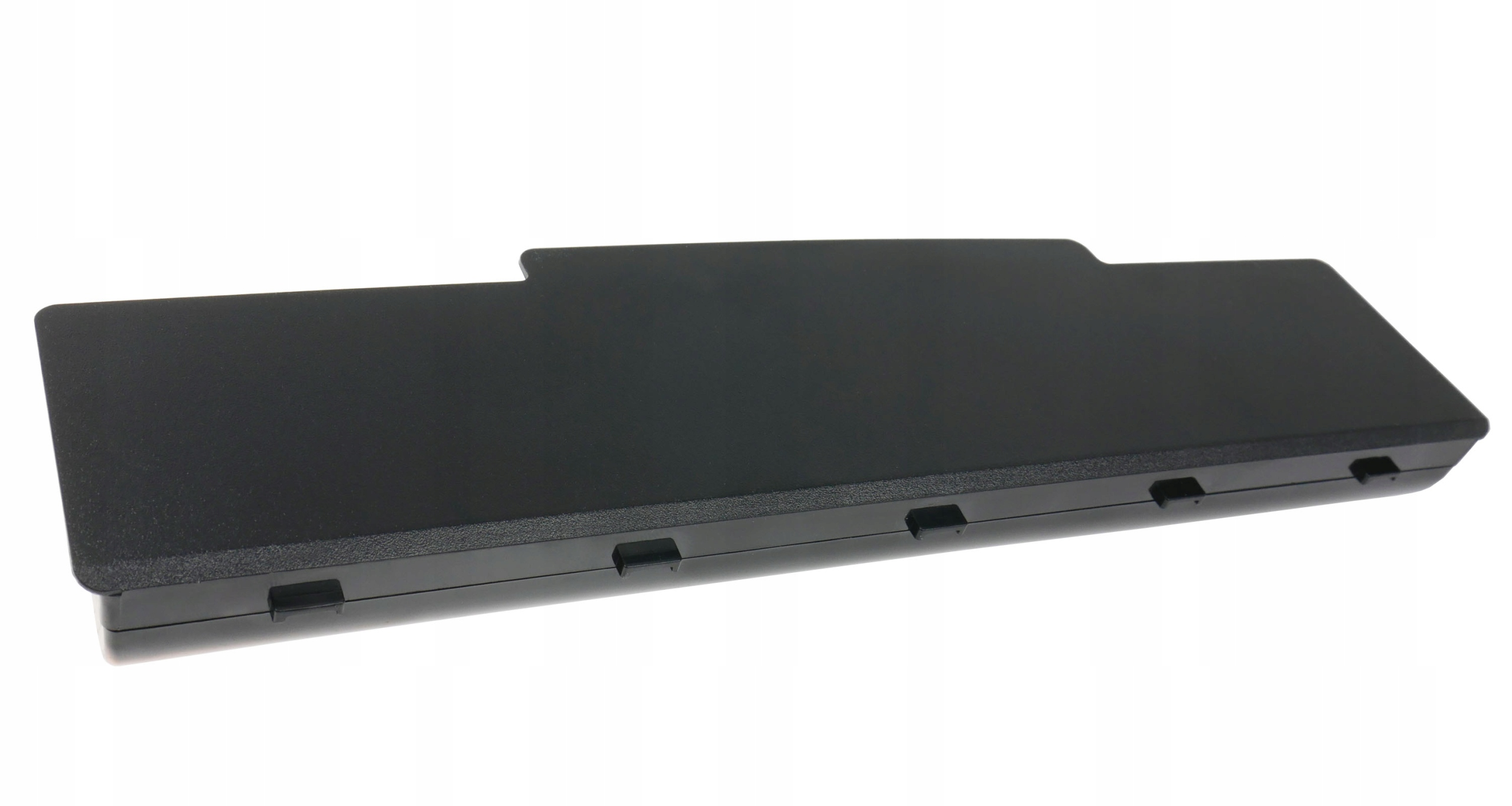 Czarna bateria do laptopa z bocznymi klipsami, na białym tle.