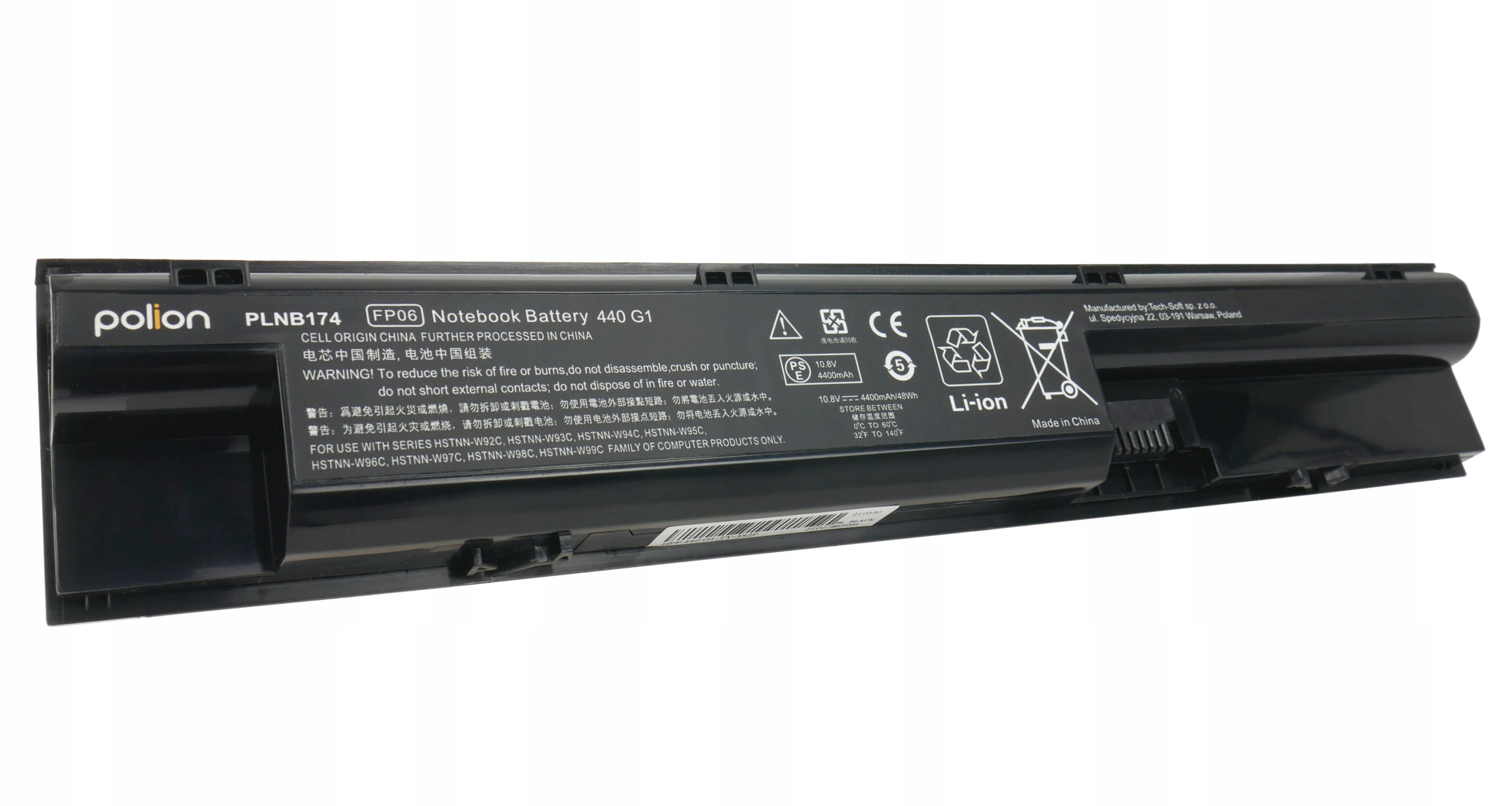 Czarna bateria do laptopa z napisem: Polion, PLNB174, FP06, 440 G1.