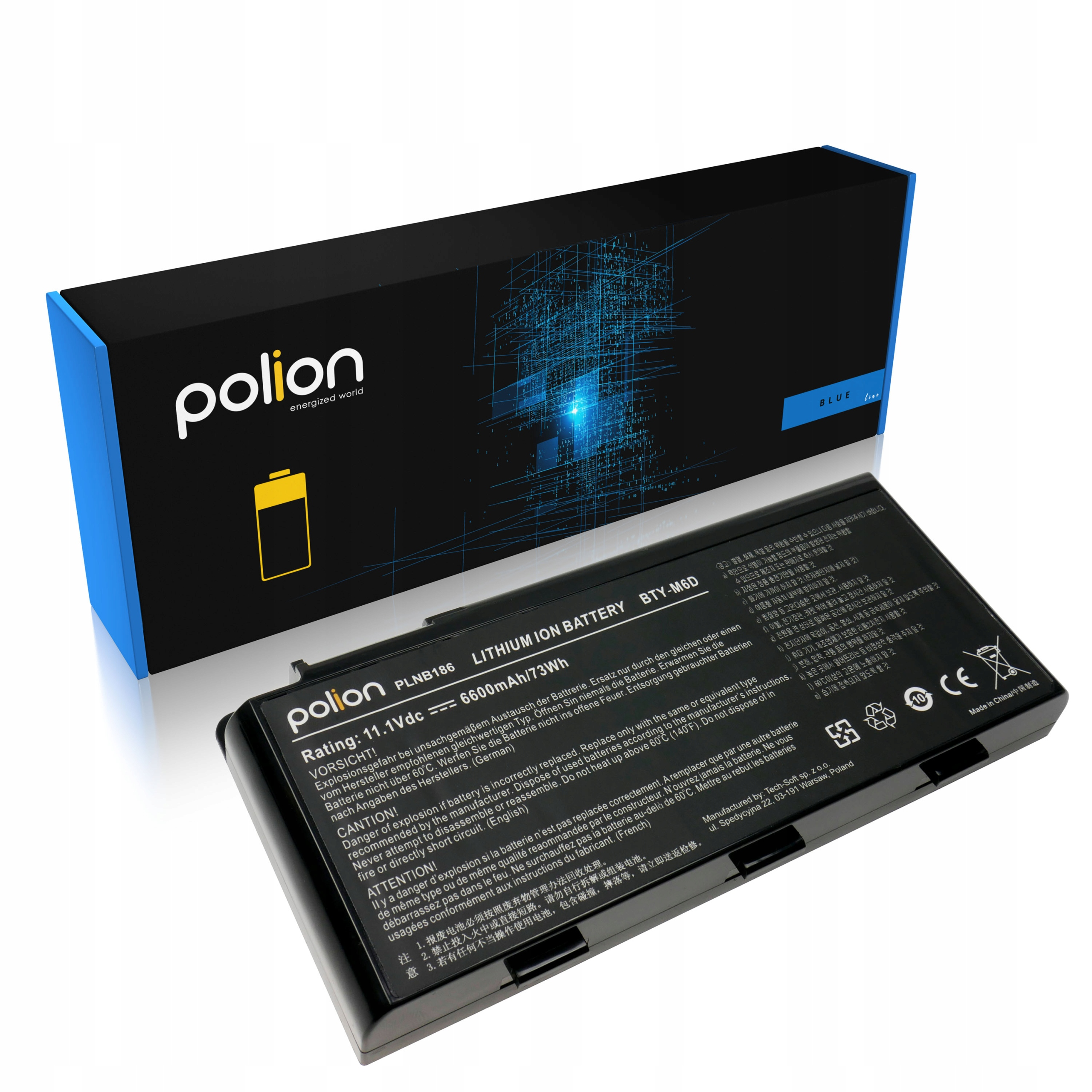 Czarna bateria do laptopa z logo Polion i etykietami ostrzegawczymi.