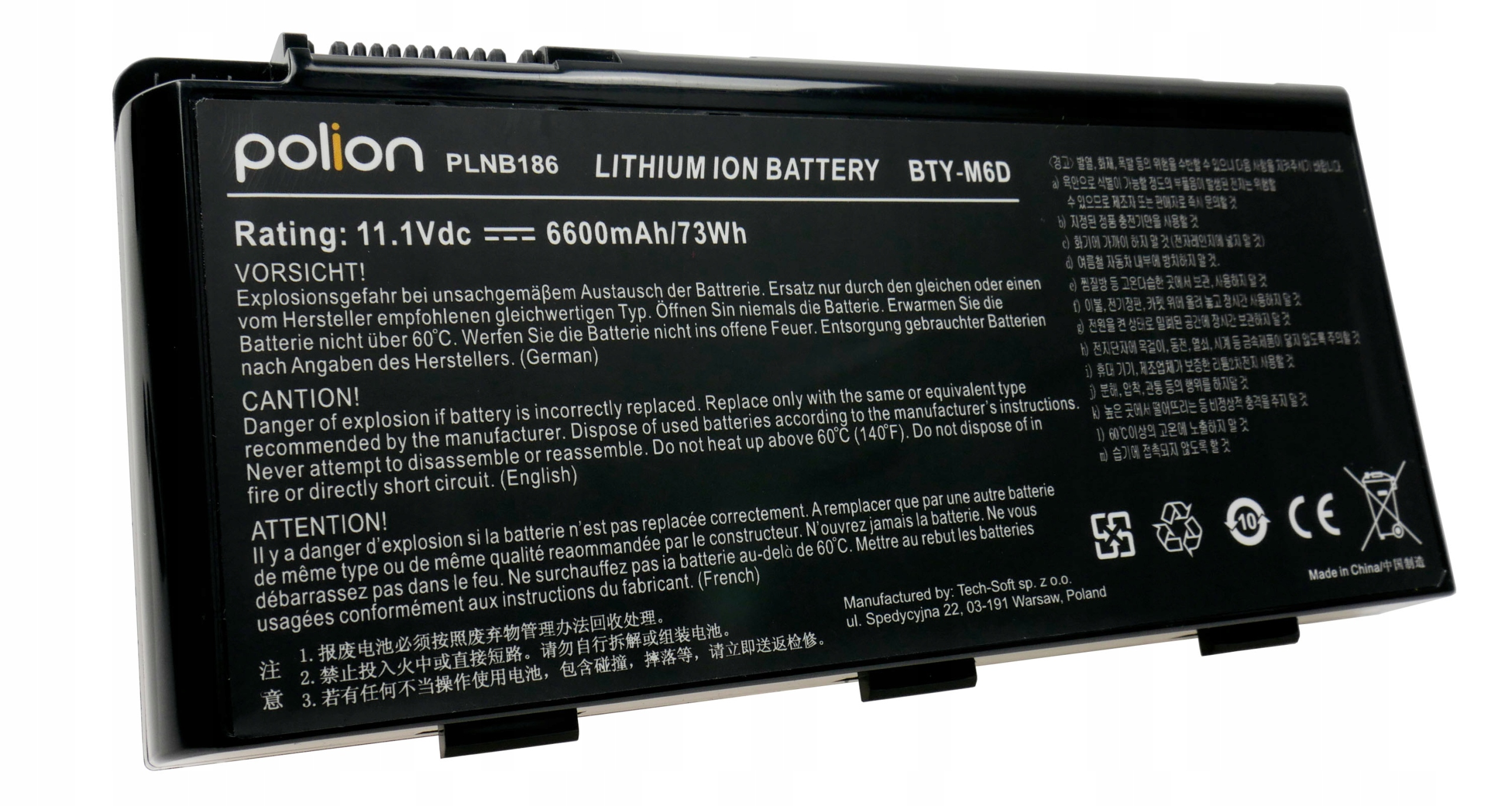 Bateria Polion BTY-M6D Litowo-jonowa. 11.1V, 6600mAh. Wydrukowane ostrzeżenia bezpieczeństwa.