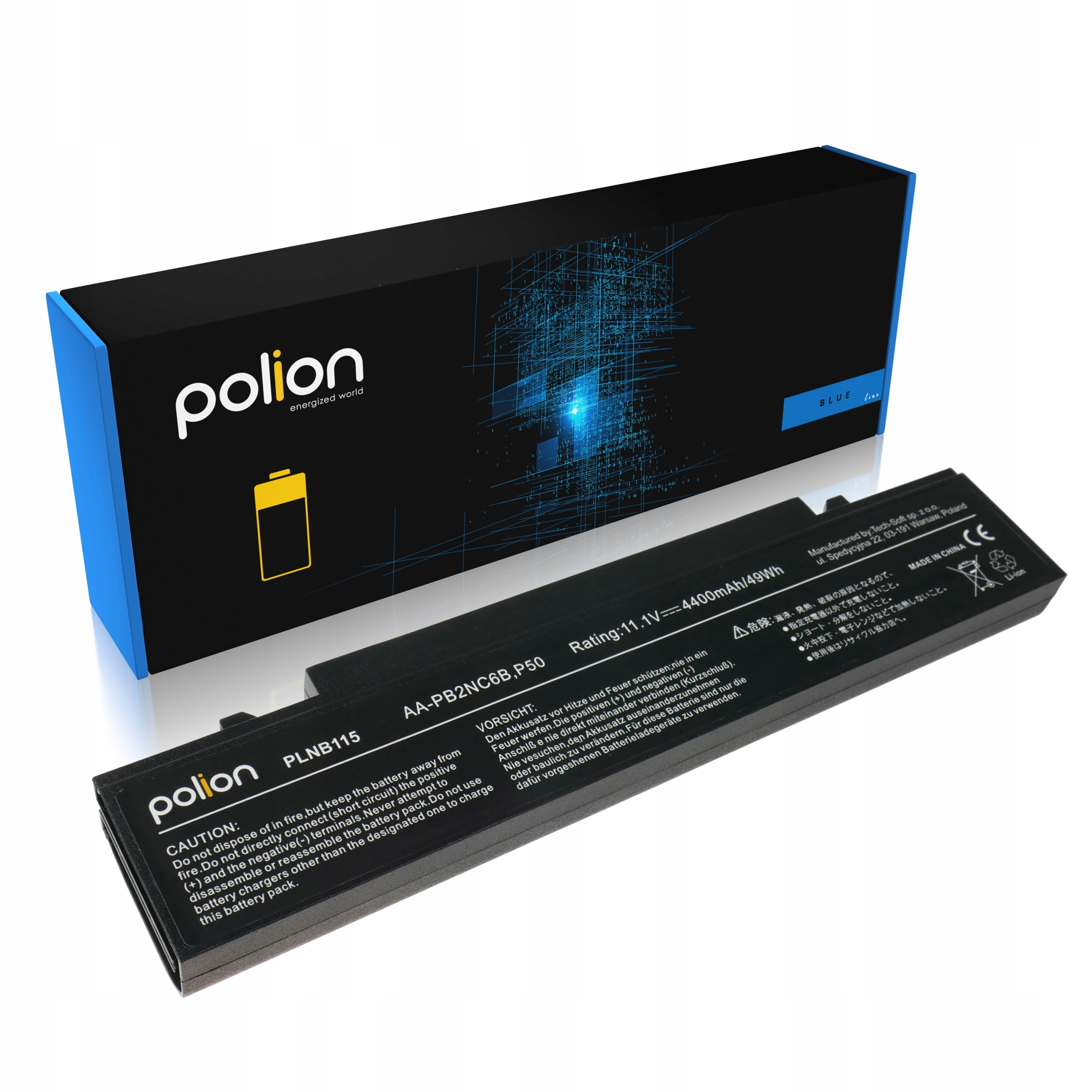 Czarna bateria do laptopa z logo "Polion" i szczegółami technicznymi.