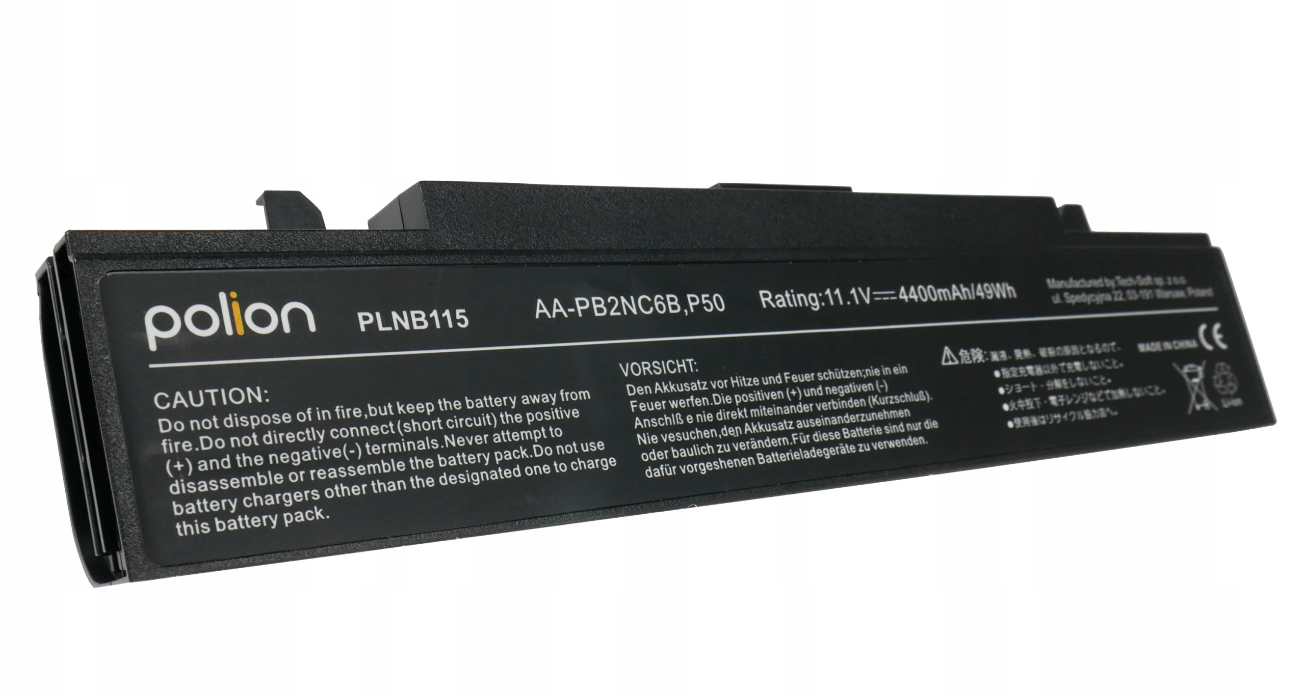 Czarny akumulator z napisem 'polion PLNB115 AA-PB2NC6B, P50'.