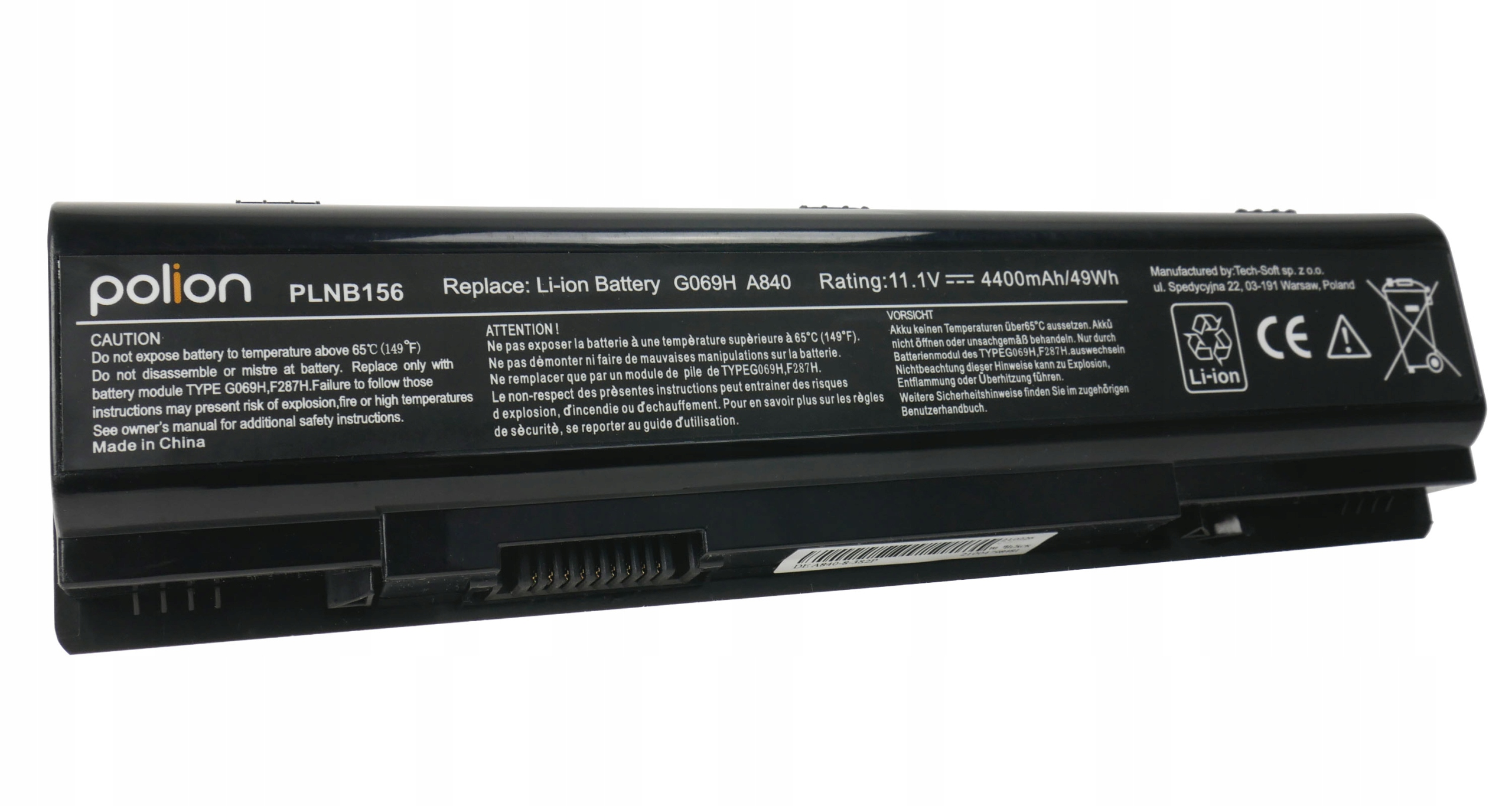 Czarna bateria do laptopa Li-ion, model PLNB156, 4400mAh. Z etykietami ostrzegawczymi.