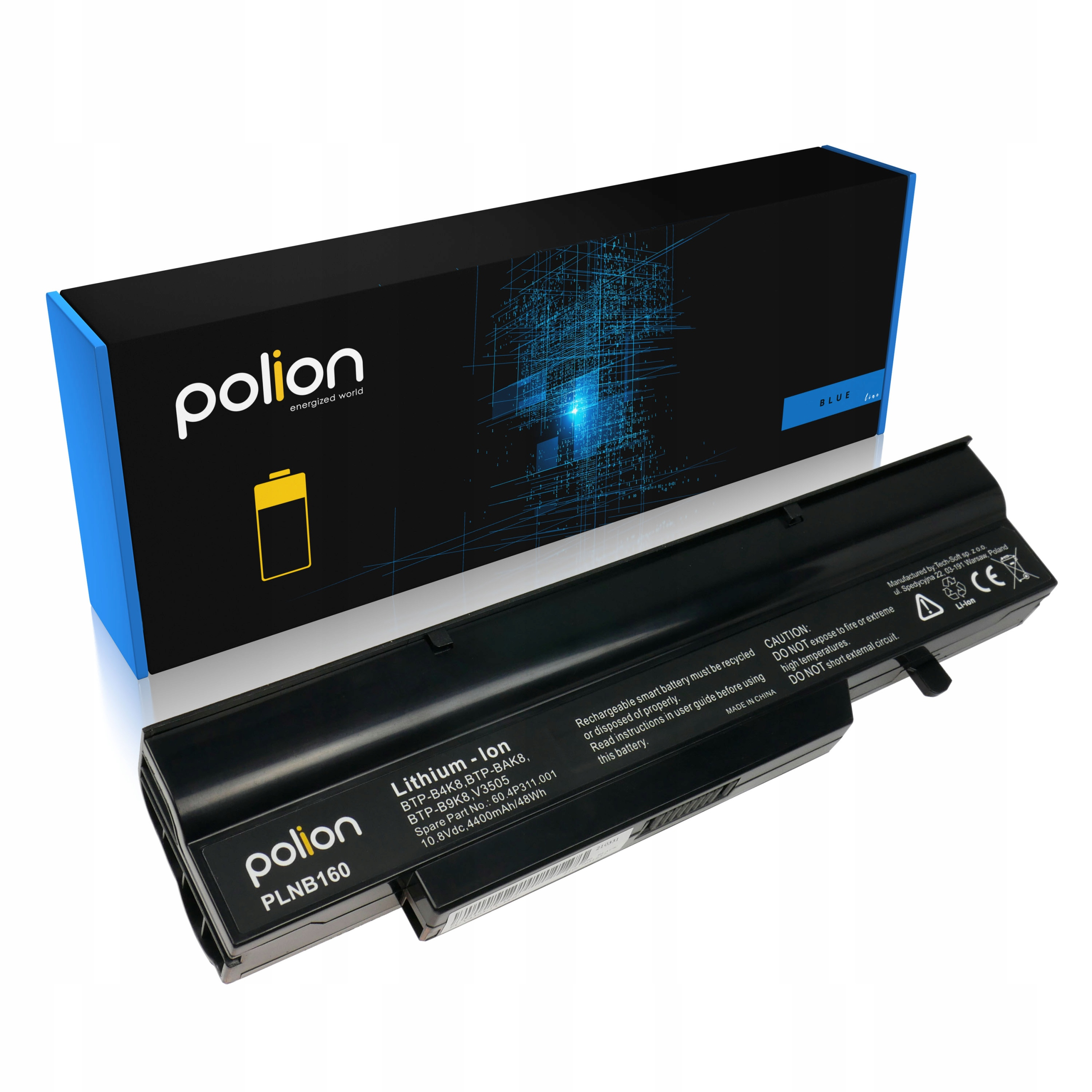 Czarna bateria laptopa Polion obok niebiesko-czarnego opakowania.