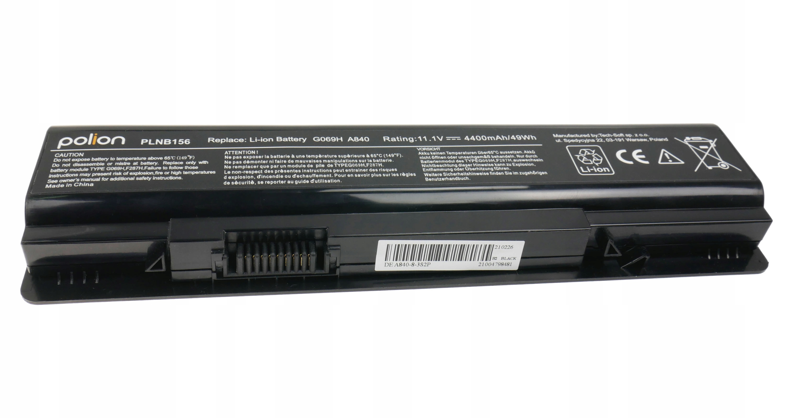 Czarna bateria Li-ion z napisem: Polion, PLNB156, G069H A840, 11.1V 4400mAh.