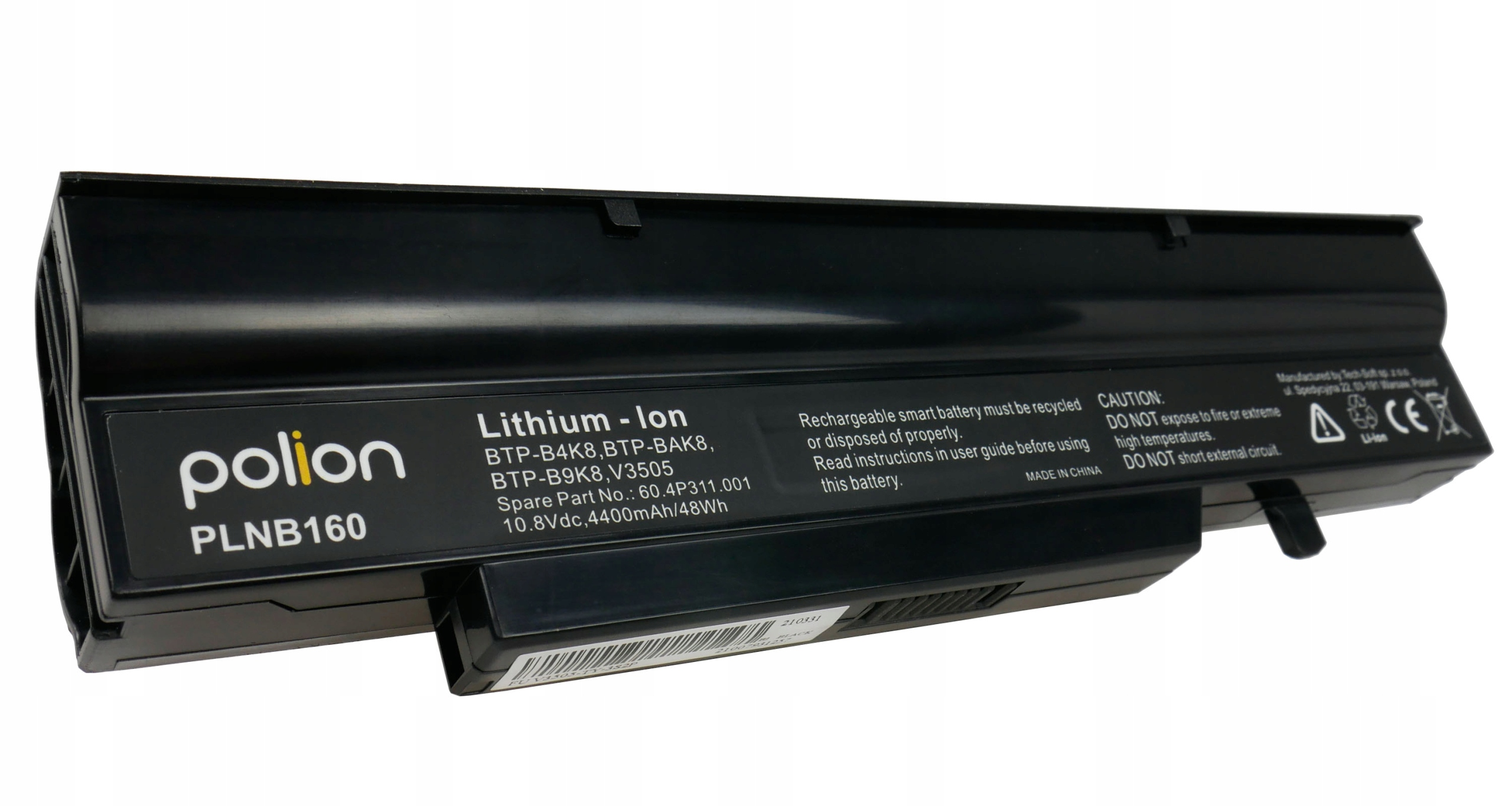 Czarny akumulator litowo-jonowy Polion PLNB160 z ostrzeżeniami.